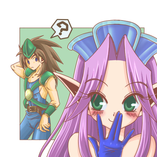 imahia, angela (seiken densetsu 3), duran, seiken densetsu, seiken densetsu 3, square enix, 1boy, 1girl, blue eyes, blush, brown hair, couple, gloves, green eyes, hetero, pointy ears, purple hair