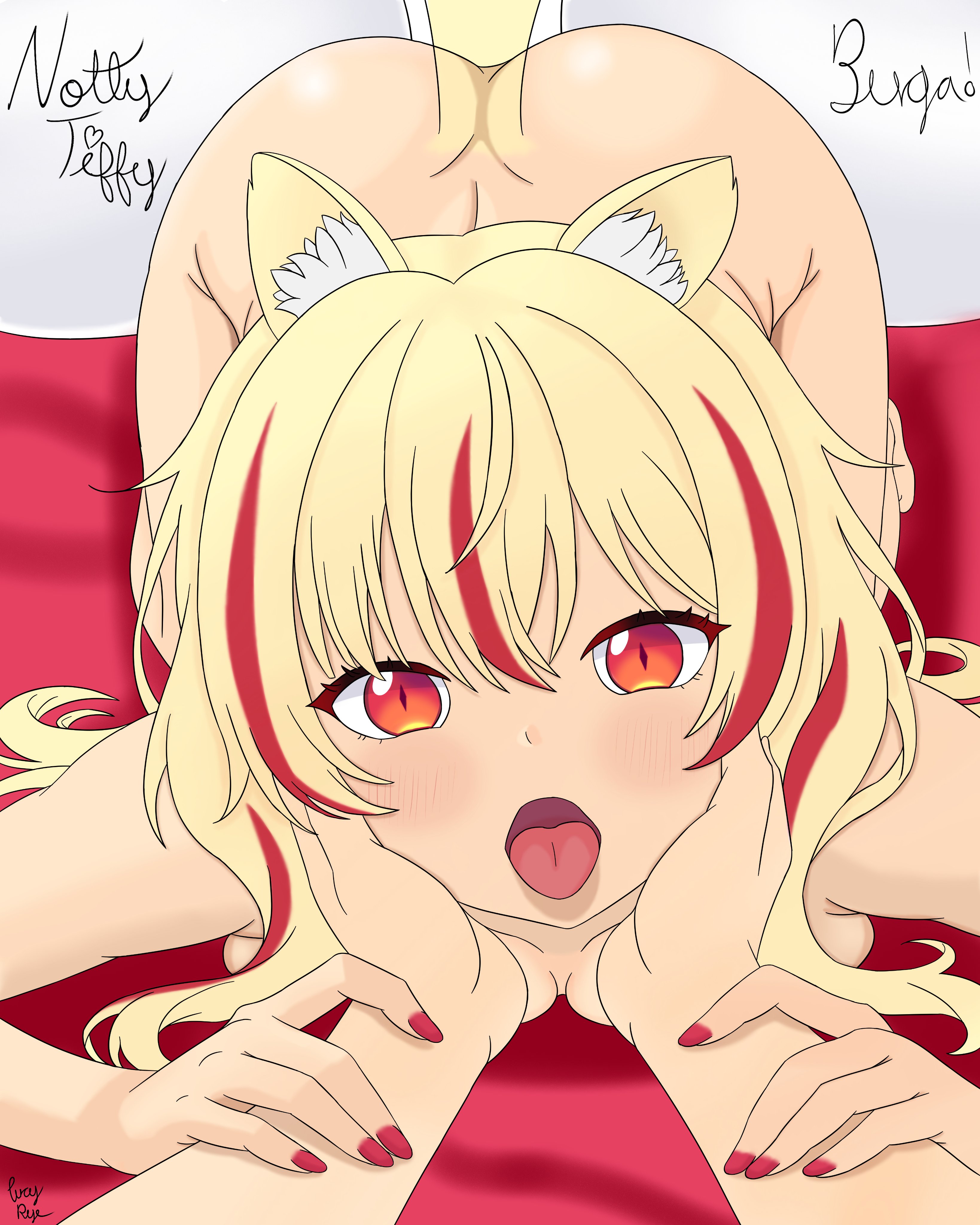 lucyrye (artist), tiffy (nottytiffy), original, 1boy, 1girl, animal ears, ass, bed, blonde hair, blush, borrowed character, breast press, breasts, cat ears, cat girl, cat tail, collarbone, hands on another's cheeks, hands on another's face, hands on another's wrists, large breasts, long hair, looking at viewer, lying, multicolored hair, nude, on bed, open mouth, red eyes, red hair, red nails, slit pupils, streaked hair, tail, tongue, tongue out, top-down bottom-up