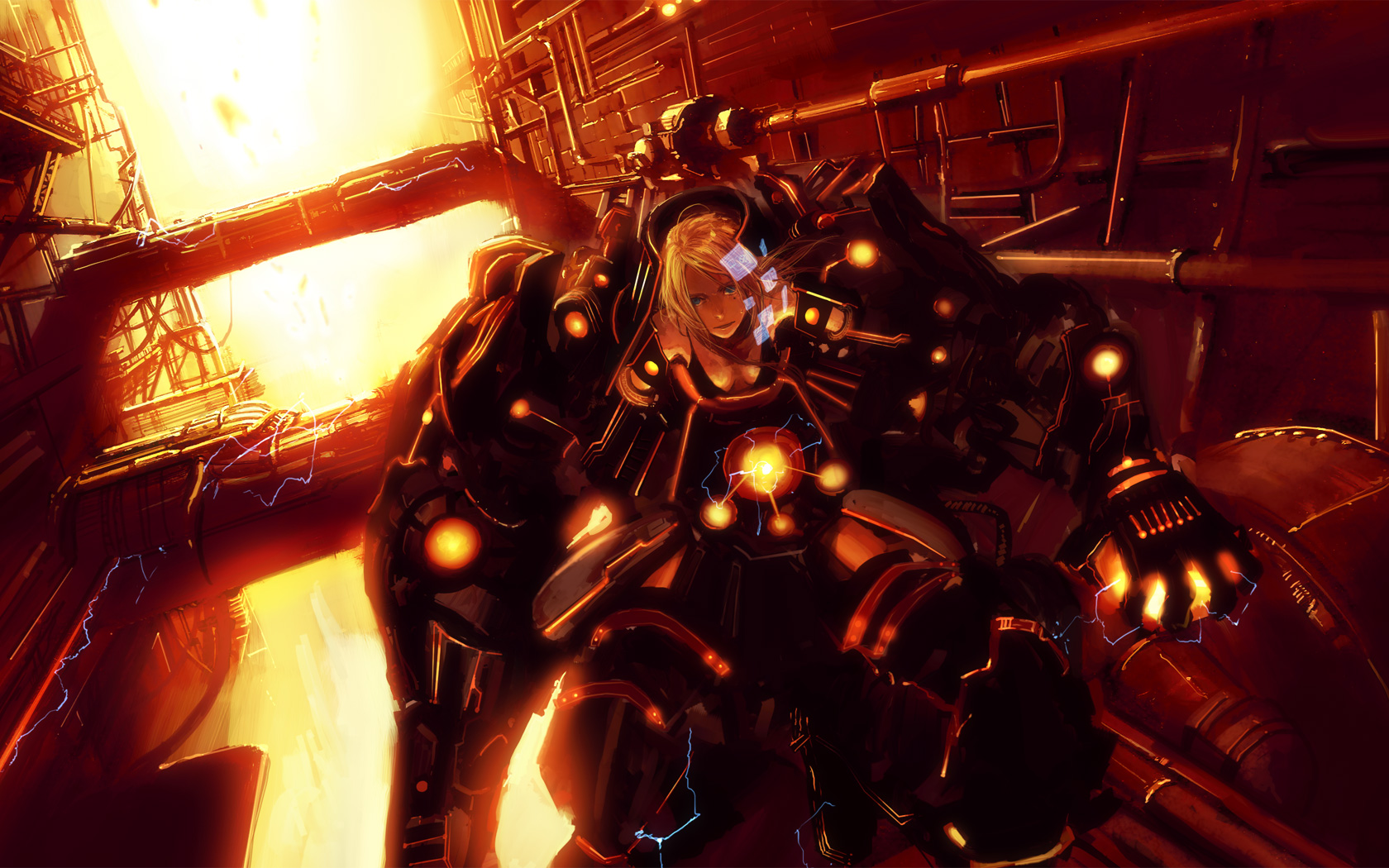 katou taira, original, bad id, bad pixiv id, highres, 1girl, blonde hair, electricity, fire, lava, mecha, ponytail, robot, science fiction