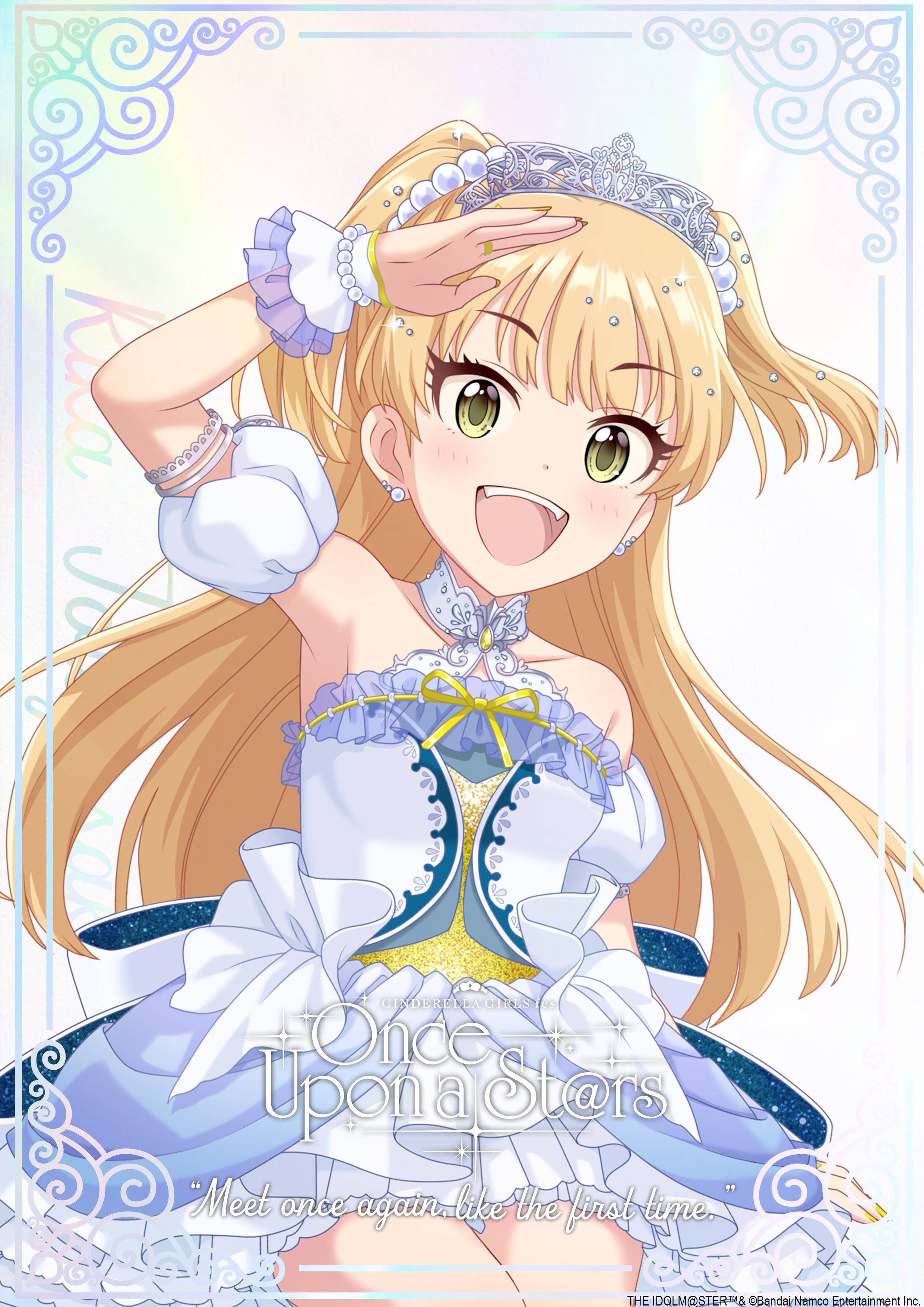 jougasaki rika, idolmaster, idolmaster cinderella girls, idolmaster cinderella girls starlight stage, official art, 1girl, armlet, blonde hair, dress, earrings, english text, fingerless gloves, gloves, green eyes, hair ornament, hand up, idol clothes, jewelry, nail polish, open mouth, solo, tiara, twintails