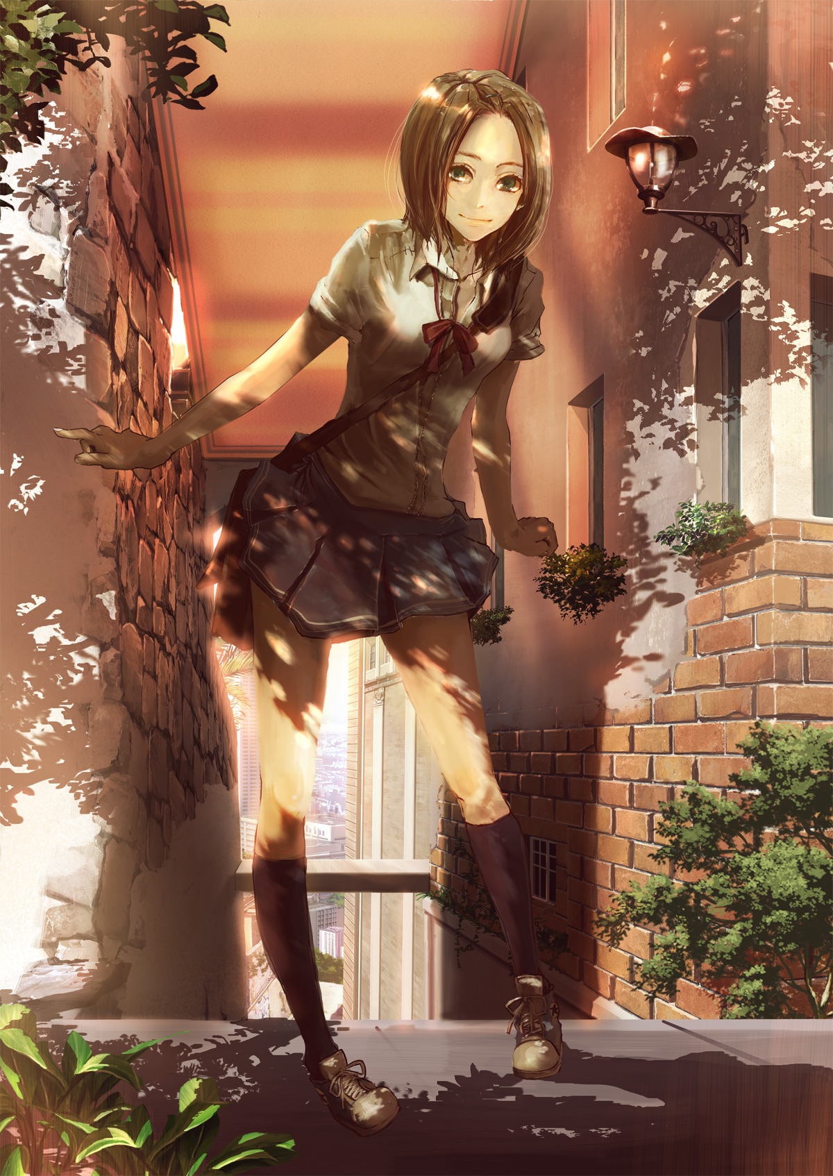 katou taira, original, bad id, bad pixiv id, highres, brown hair, green eyes, school uniform, serafuku, skirt, socks, solo
