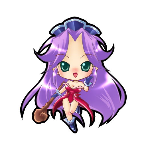 imahia, angela (seiken densetsu 3), seiken densetsu, seiken densetsu 3, square enix, 1girl, chibi, female focus, green eyes, leotard, purple hair, red leotard, simple background, solo, staff