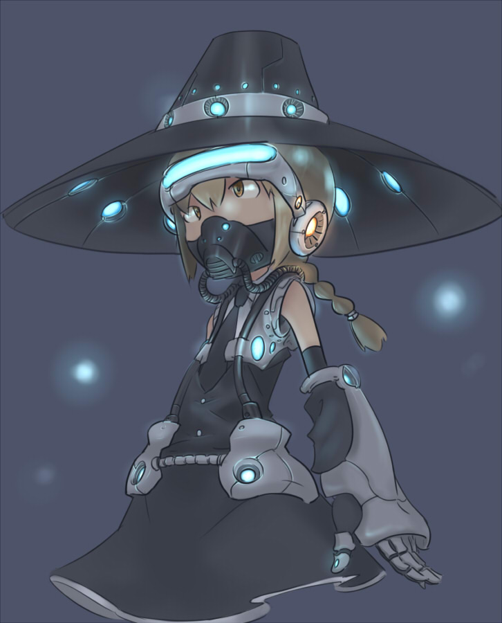 inemuri uno, kirisame marisa, touhou, lights, visor, bad id, bad pixiv id, 1girl, alternate costume, blonde hair, cross-eyed, female focus, gas mask, glowing, halloween, hat, head-mounted display, mask, necktie, respirator, solo, ufo, witch, witch hat, yellow eyes