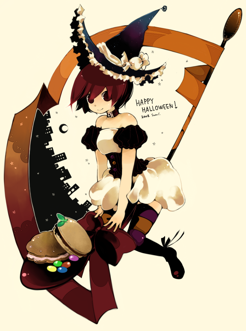 rinju umisu, sumisu (rinsumi), original, bad id, bad pixiv id, 1girl, bow, brown eyes, candy, choker, crescent moon, dress, female focus, food, halloween, hat, macaron, moon, red eyes, red hair, ribbon, short hair, solo, star (symbol), striped clothes, striped thighhighs, thighhighs, witch hat
