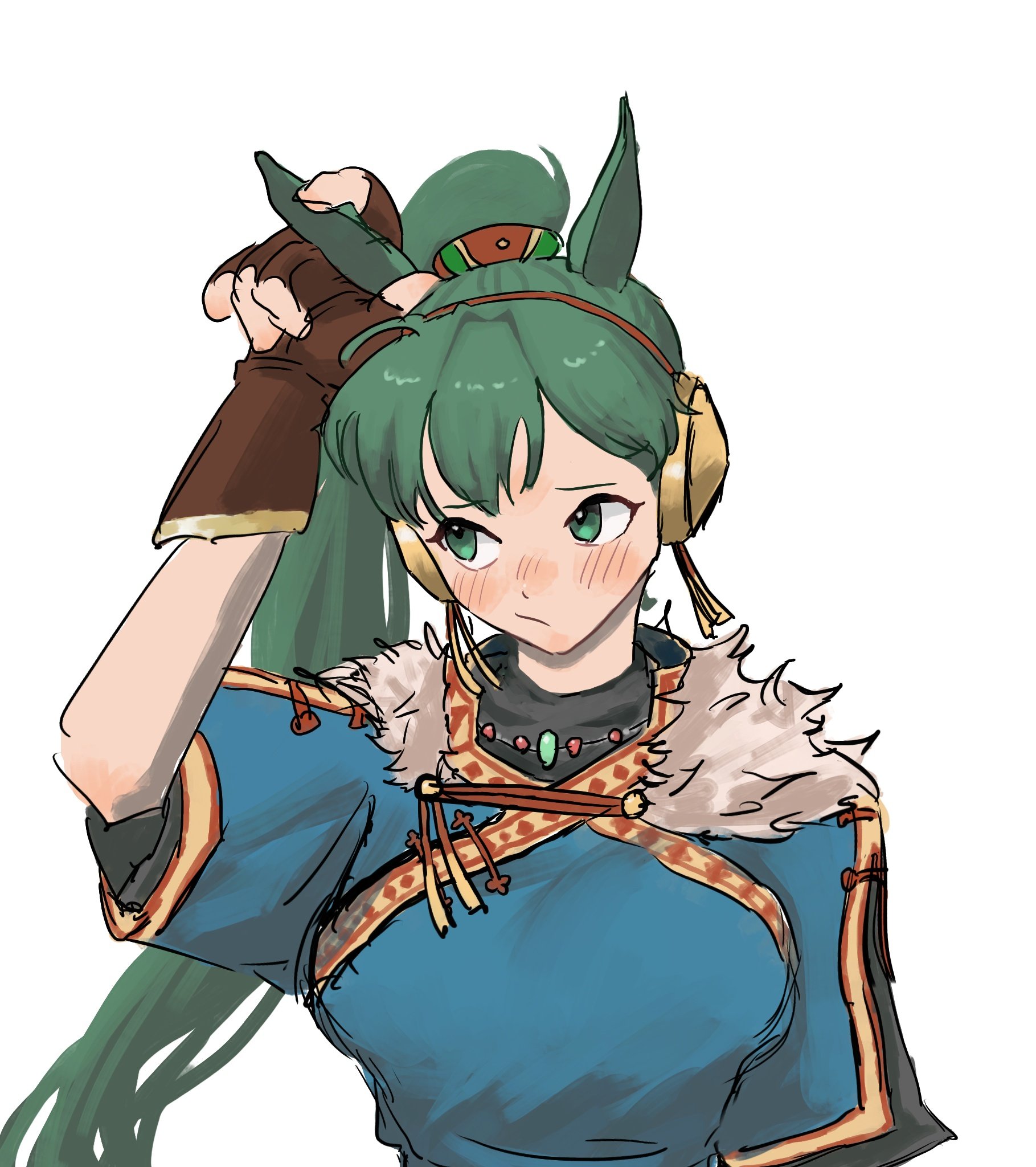 lyn (fire emblem), lyn (plains wind) (fire emblem), fire emblem, fire emblem: the blazing blade, fire emblem shadows, nintendo, highres, 1girl, animal ears, blue dress, blush, breasts, brown gloves, closed mouth, dress, fingerless gloves, fur trim, gloves, green eyes, green hair, hairband, high ponytail, horse ears, horse girl, long hair, medium breasts, ponytail, red hairband, short sleeves, simple background, solo, untu eak, upper body, very long hair, white background
