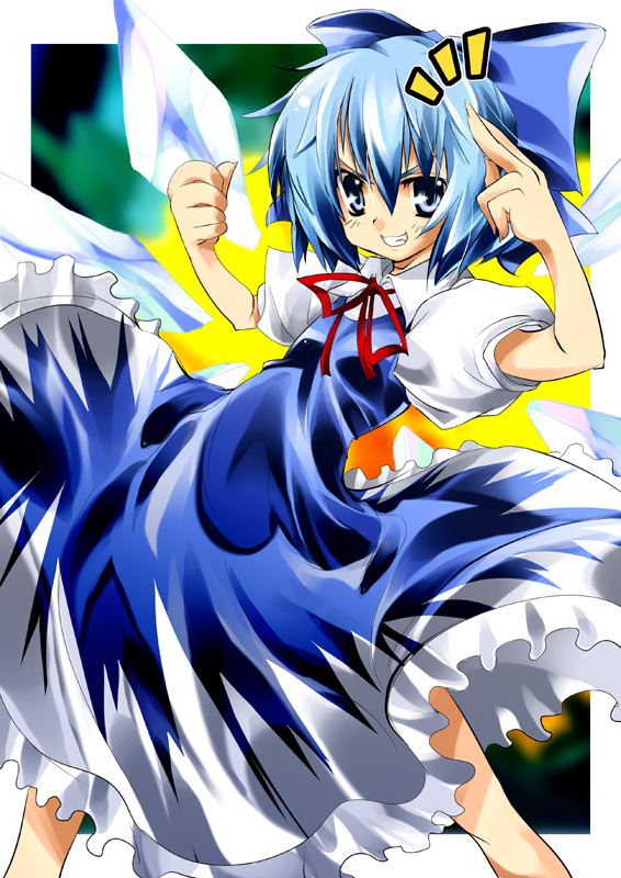 delusion overdose, matsuno canel, cirno, embodiment of scarlet devil, touhou, 1girl, blue eyes, blue hair, blush, bow, clenched hand, dress, female focus, fingernails, flat chest, frills, grin, hair bow, long fingernails, matching hair/eyes, pointing, ribbon, short hair, smile, solo, standing, wings