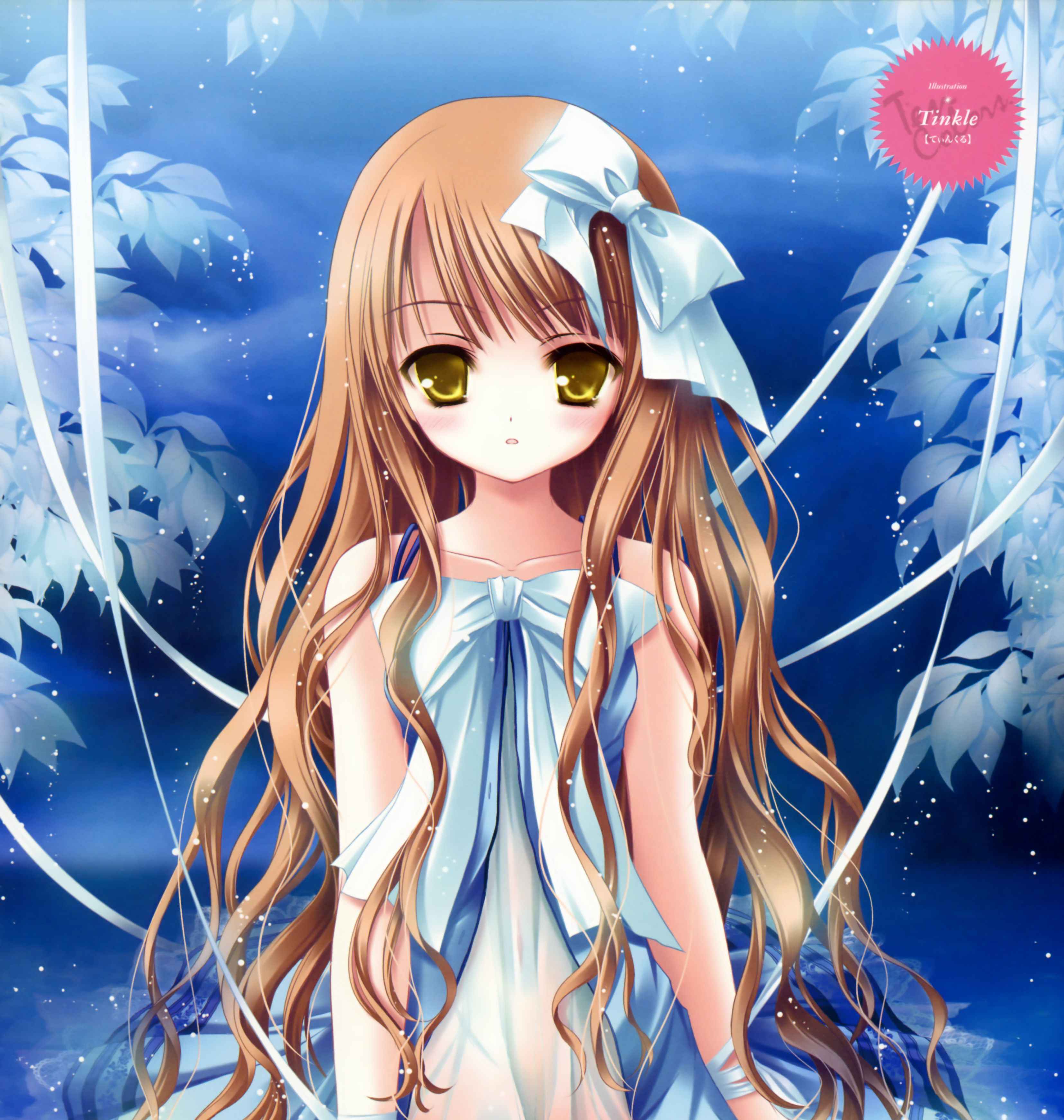 tinker bell (pixiv 10956015), absurdres, highres, brown hair, dress, hair ribbon, leaf, long hair, ribbon, solo, yellow eyes