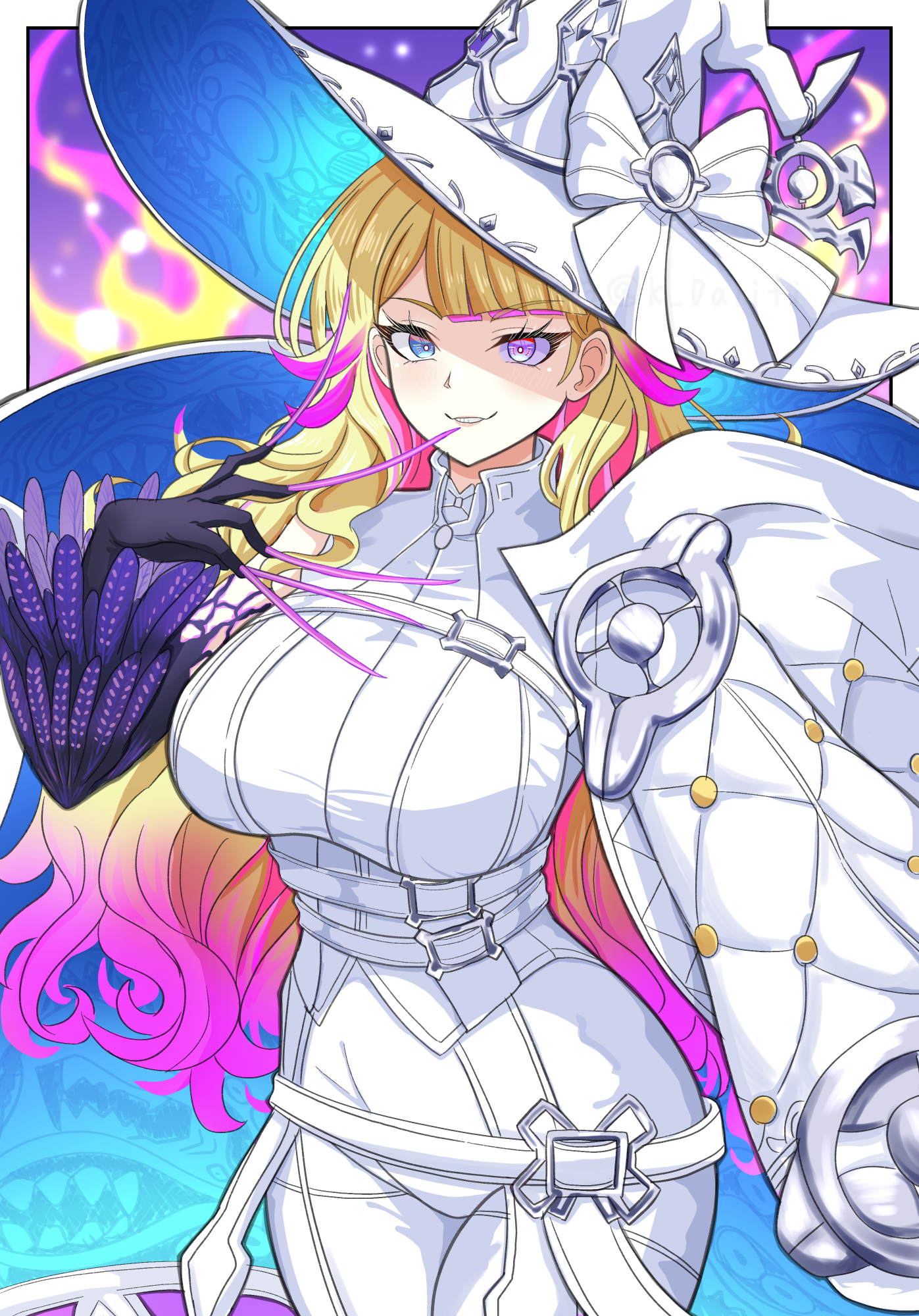 daiichi (k daiiti), diabellze the original sinkeeper, yu-gi-oh!, commentary request, highres, 1girl, blonde hair, blue eyes, bow, breasts, duel monster, feathers, fingernails, hair bow, hat, heterochromia, large breasts, long fingernails, long hair, long sleeves, looking at viewer, parted lips, pink hair, pink nails, purple eyes, solo, very long hair, white bow, witch, witch hat