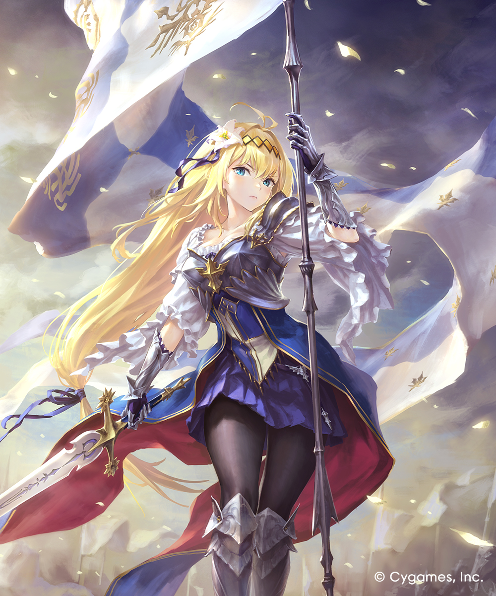 hisakata souji, jeanne d'arc (granblue fantasy), shadowverse, shadowverse: worlds beyond, highres, official art, 1girl, ahoge, armor, banner, black pantyhose, blonde hair, breastplate, dress, feet out of frame, flag, flower, gauntlets, hair between eyes, hair flower, hair intakes, hair ornament, hairband, holding, holding banner, holding sword, holding weapon, long hair, low-tied long hair, pantyhose, pleated skirt, purple skirt, shoulder armor, skirt, solo, sword, vambraces, weapon, wide sleeves
