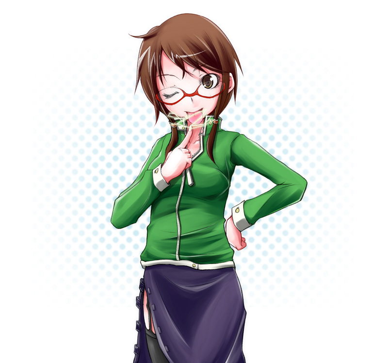 zanku, isone kotoha, yozakura quartet, 1girl, ;p, brown hair, female focus, glasses, itsune kotoha, one eye closed, pencil skirt, simple background, skirt, solo, thighhighs, tongue, tongue out, wink, zettai ryouiki