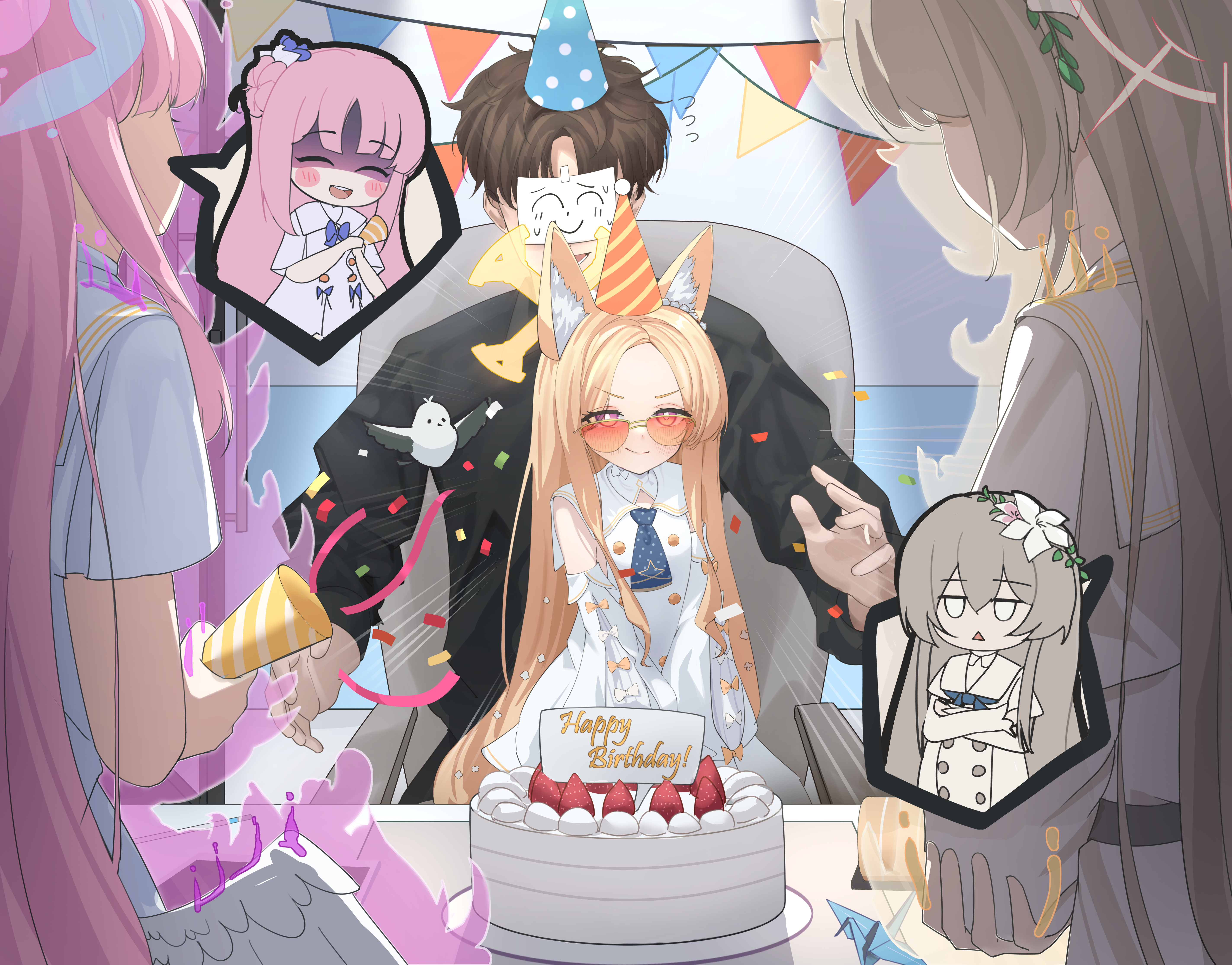 toriaki, doodle sensei (blue archive), mika (blue archive), nagisa (blue archive), seia (blue archive), sensei (blue archive), blue archive, absurdres, commentary request, highres, 1boy, 3girls, animal ear fluff, animal ears, aura, bird, birthday cake, black hair, blonde hair, blunt bangs, cake, confetti, dark aura, detached sleeves, flower, food, forehead, fox ears, fox girl, from behind, grey hair, hair between eyes, hair flower, hair ornament, halo, happy birthday, hat, long hair, long sleeves, looking at another, multiple girls, orange-tinted eyewear, orange eyes, parted bangs, party hat, pink hair, school uniform, shaded face, sidelocks, sitting, sitting on lap, sitting on person, sleeves past fingers, sleeves past wrists, smug, spoken character, sunglasses, tinted eyewear, tit (bird), wide sleeves