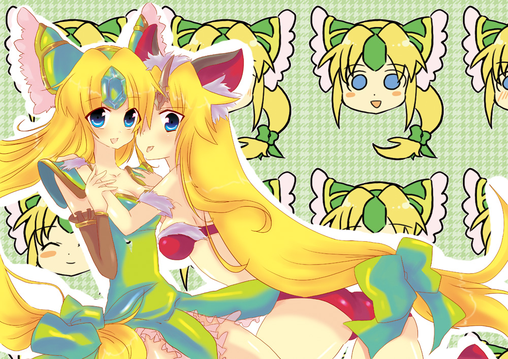 plug (artist), fenrir knight, riesz, valkyrie (seiken densetsu 3), seiken densetsu, seiken densetsu 3, bad id, bad pixiv id, 2girls, :p, blonde hair, blue eyes, dual persona, horns, hug, long hair, low-tied long hair, multiple expressions, multiple girls, siblings, single horn, sisters, tongue, tongue out, twins, valkyrie