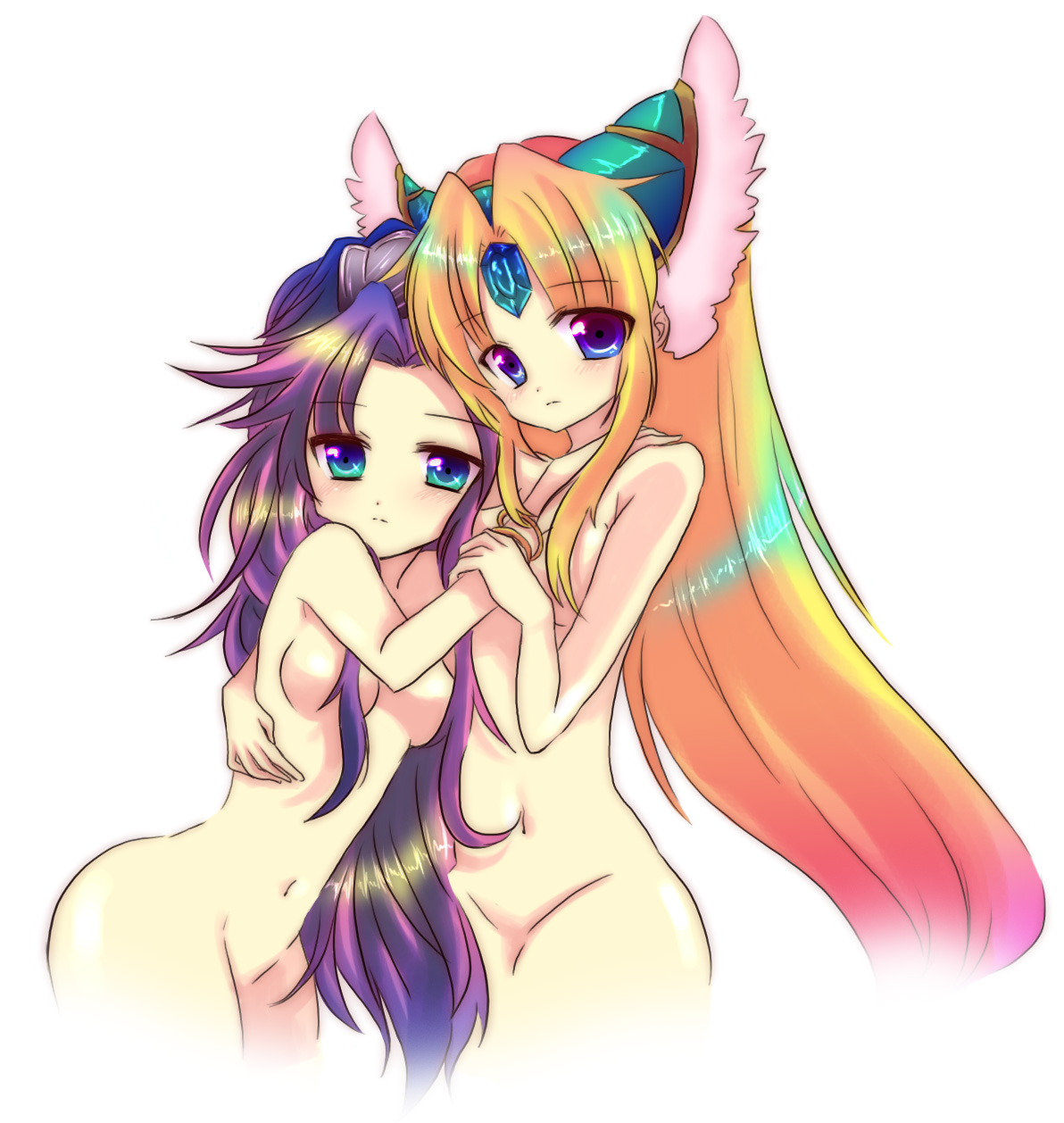 plug (artist), angela (seiken densetsu 3), riesz, valkyrie (seiken densetsu 3), seiken densetsu, seiken densetsu 3, square enix, bad id, bad pixiv id, highres, 2girls, blonde hair, blue eyes, blush, long hair, multiple girls, nude, purple hair, valkyrie, yuri