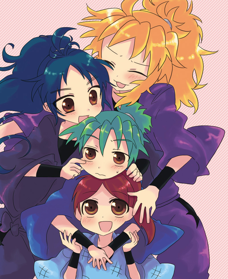 plug (artist), :3, blonde hair, blue hair, blush, brown eyes, cheek pinching, green hair, happy, japanese clothes, long hair, ninja, pinching, ponytail, red hair