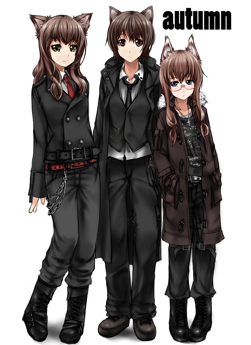 abubu, 3girls, animal ears, belt, blue eyes, boots, brown eyes, brown hair, cat ears, coat, cross, dog ears, fashion, fox ears, glasses, multiple girls, short hair, yellow eyes