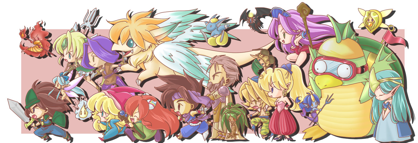imahia, angela (seiken densetsu 3), booskaboo, charlotte (seiken densetsu 3), dryad (seiken densetsu), duran, flammie, gnome (seiken densetsu), hawkeye (seiken densetsu 3), jinn (seiken densetsu), kevin (seiken densetsu 3), luca (seiken densetsu), luna (seiken densetsu), popoi (seiken densetsu 2), primm (seiken densetsu 2), randi (seiken densetsu 2), riesz, salamander (seiken densetsu), shade (seiken densetsu), undine (seiken densetsu), will-o'-wisp (seiken densetsu), seiken densetsu, seiken densetsu 2, seiken densetsu 3, square enix, wisp, 4girls, 5girls, androgynous, blonde hair, blue eyes, brown hair, chibi, crossover, dragon, dryad, everyone, green eyes, multiple girls, pointy ears, purple hair, yellow eyes