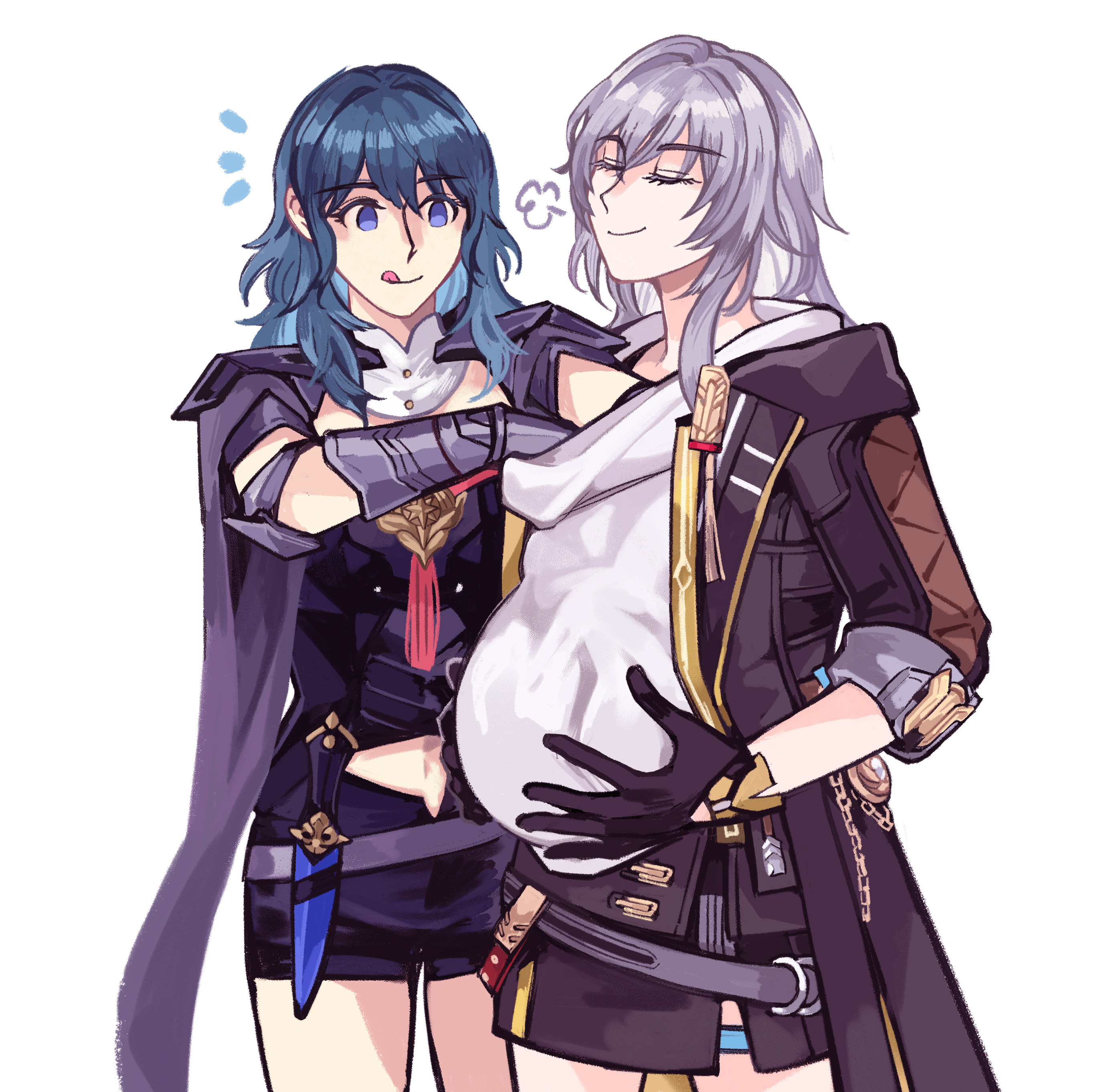 soursoppi, female byleth (fire emblem), stelle (honkai: star rail), trailblazer (honkai: star rail), fire emblem, fire emblem: three houses, honkai: star rail, honkai (series), nintendo, absurdres, commentary, english commentary, highres, 2girls, :q, armor, belt, big belly, black armor, black cape, black coat, black gloves, black shorts, black skirt, blue eyes, blue hair, cape, closed eyes, closed mouth, clothing cutout, coat, crossover, dagger, fake pregnancy, gauntlets, gloves, grey belt, grey hair, hair between eyes, hand in another's clothes, hood, hooded coat, knife, multiple girls, navel, navel cutout, notice lines, open clothes, open coat, puff of air, shirt, shorts, skirt, sleeves rolled up, smile, standing, tongue, tongue out, weapon, white shirt