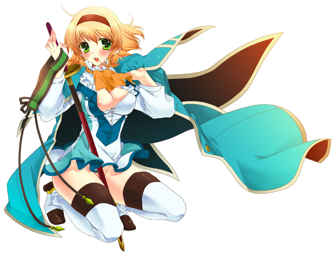 shuragyoku mami, natalia luzu kimlasca lanvaldear, tales of (series), tales of the abyss, 00s, 1girl, ascot, blonde hair, blush, breasts, cleavage, female focus, green eyes, hairband, kneeling, large breasts, no panties, open clothes, open mouth, orange ascot, short hair, solo, sword, thighhighs, weapon
