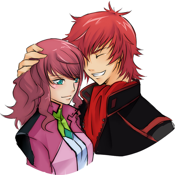 mozuku, feldt grace, ruido resonance, gundam, gundam 00, gundam 00p, 00s, age difference, blue eyes, father and daughter, headpat, jacket, pink hair, red hair, scarf, smile
