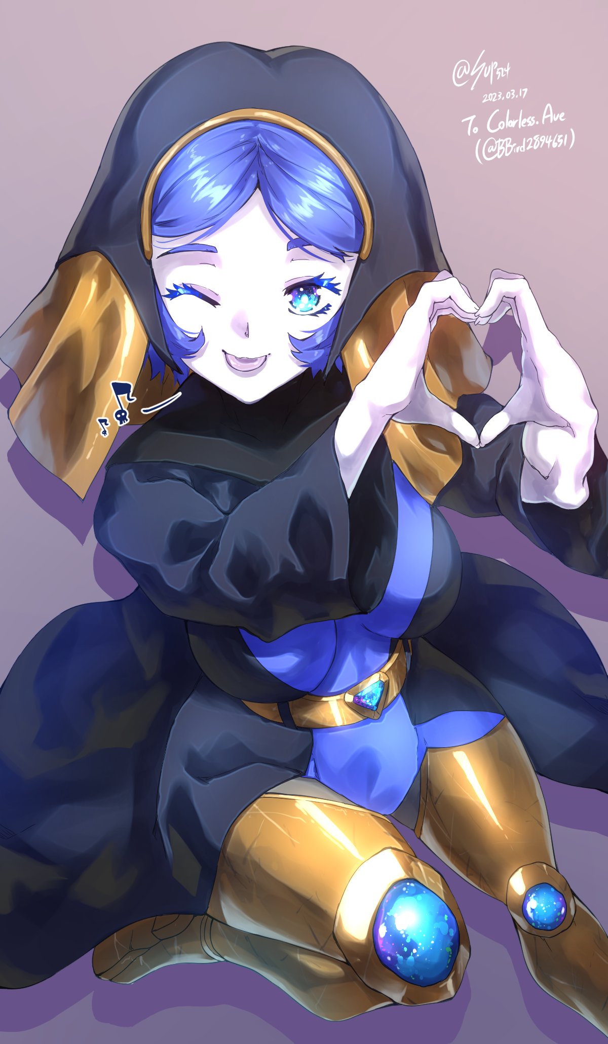 sunnysideup, bad id, bad pixiv id, character request, check clothing, clothing request, commission, copyright request, highres, 1girl, :p, ;p, artist name, black bodysuit, black cape, blue bodysuit, blue eyes, blue gemstone, blue hair, bodysuit, boots, breasts, breasts apart, brown background, cape, closed mouth, colored eyebrows, colored eyelashes, colored skin, commissioner name, dated, eyelashes, gem, gold belt, gold boots, gradient background, heart, heart hands, impossible bodysuit, impossible clothes, large breasts, long sleeves, looking at viewer, medium hair, musical note, one eye closed, raised eyebrows, smile, solo, spoken musical note, straight-on, thigh boots, tongue, tongue out, twitter username, two-tone bodysuit, white skin