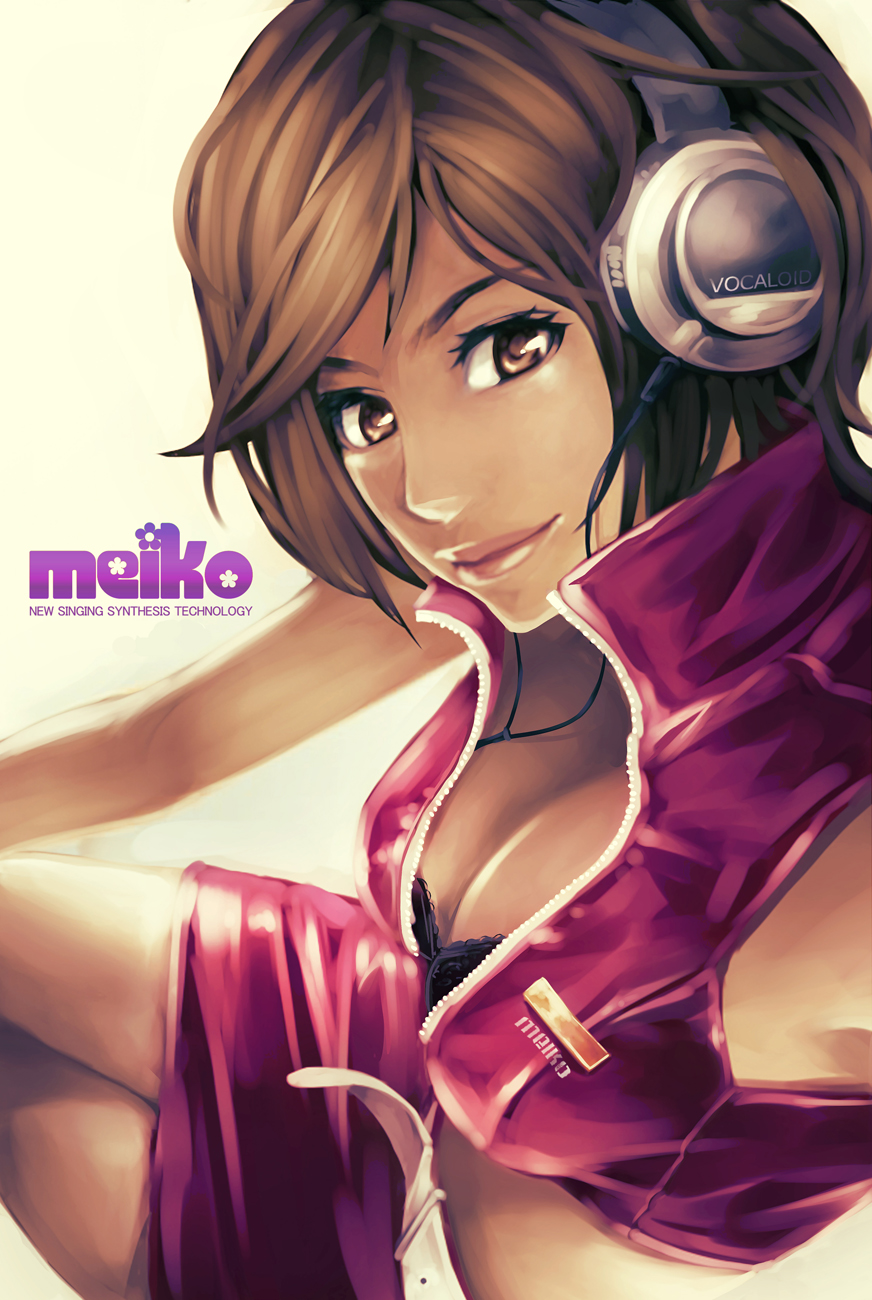kibamigohann, meiko (vocaloid), vocaloid, highres, 1girl, bra, breasts, brown eyes, brown hair, cleavage, female focus, headphones, lingerie, midriff, short hair, solo, underwear