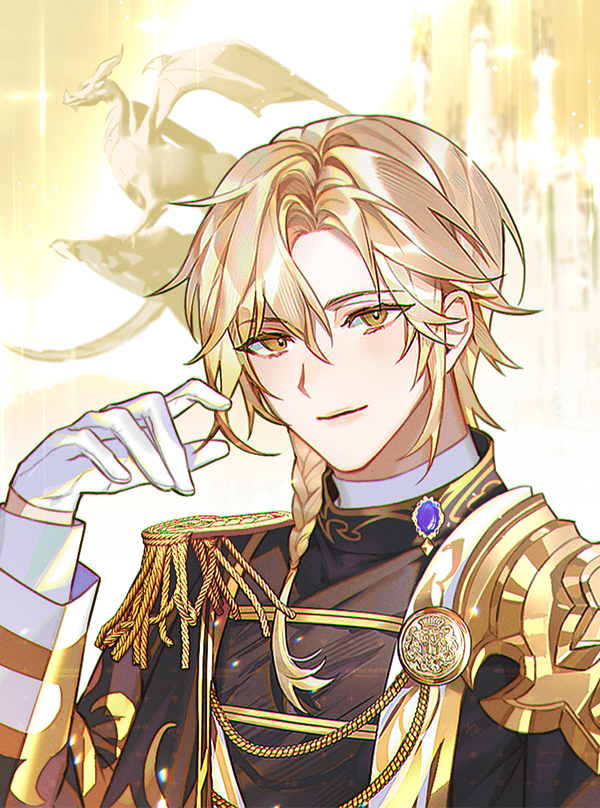 bamcream, original, commentary, commission, english commentary, 1boy, armor, black shirt, blonde hair, braid, closed mouth, gloves, hair between eyes, hand up, long hair, long sleeves, looking at viewer, male focus, parted bangs, shirt, shoulder armor, single braid, solo, upper body, white gloves, yellow background, yellow eyes