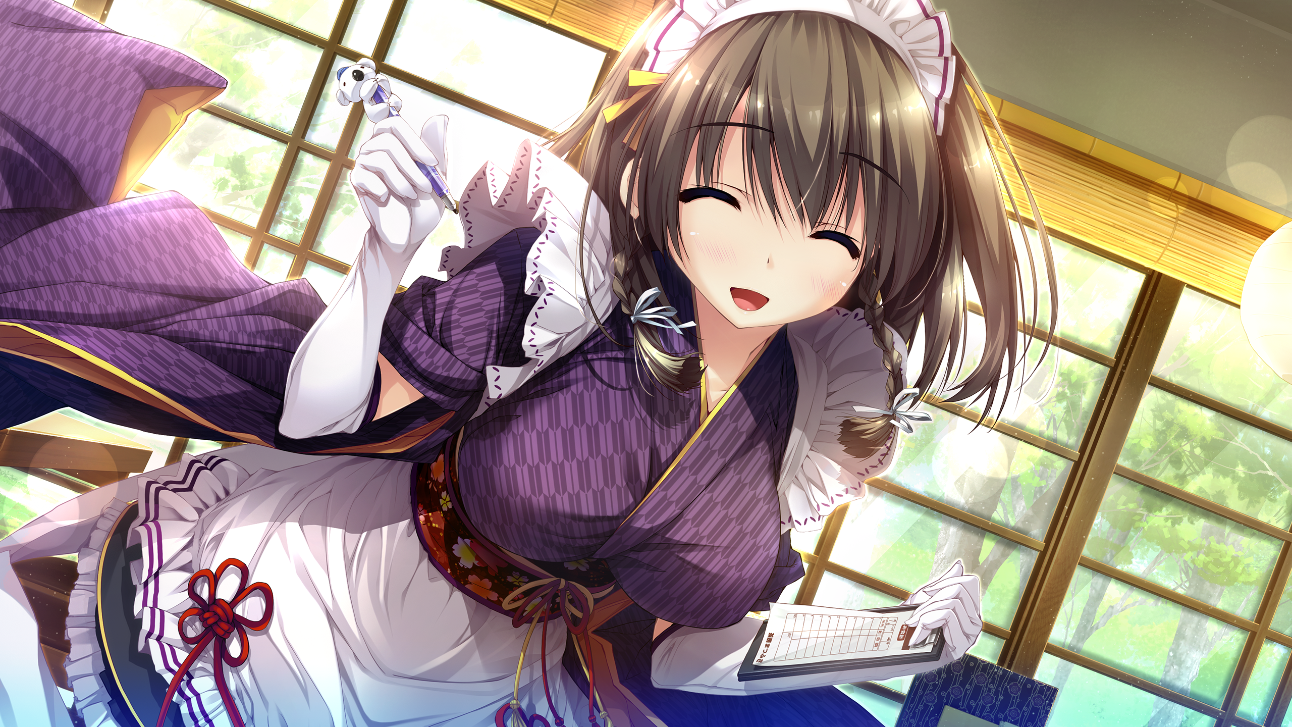 shintarou, matsufusa ema, haruru minamo ni!, game cg, highres, 1girl, apron, breasts, brown hair, clipboard, closed eyes, elbow gloves, facing viewer, gloves, holding, holding clipboard, holding pen, indoors, japanese clothes, kimono, large breasts, maid, maid apron, maid headdress, open mouth, pen, purple kimono, short hair, smile, solo, wa maid, waist apron, white gloves