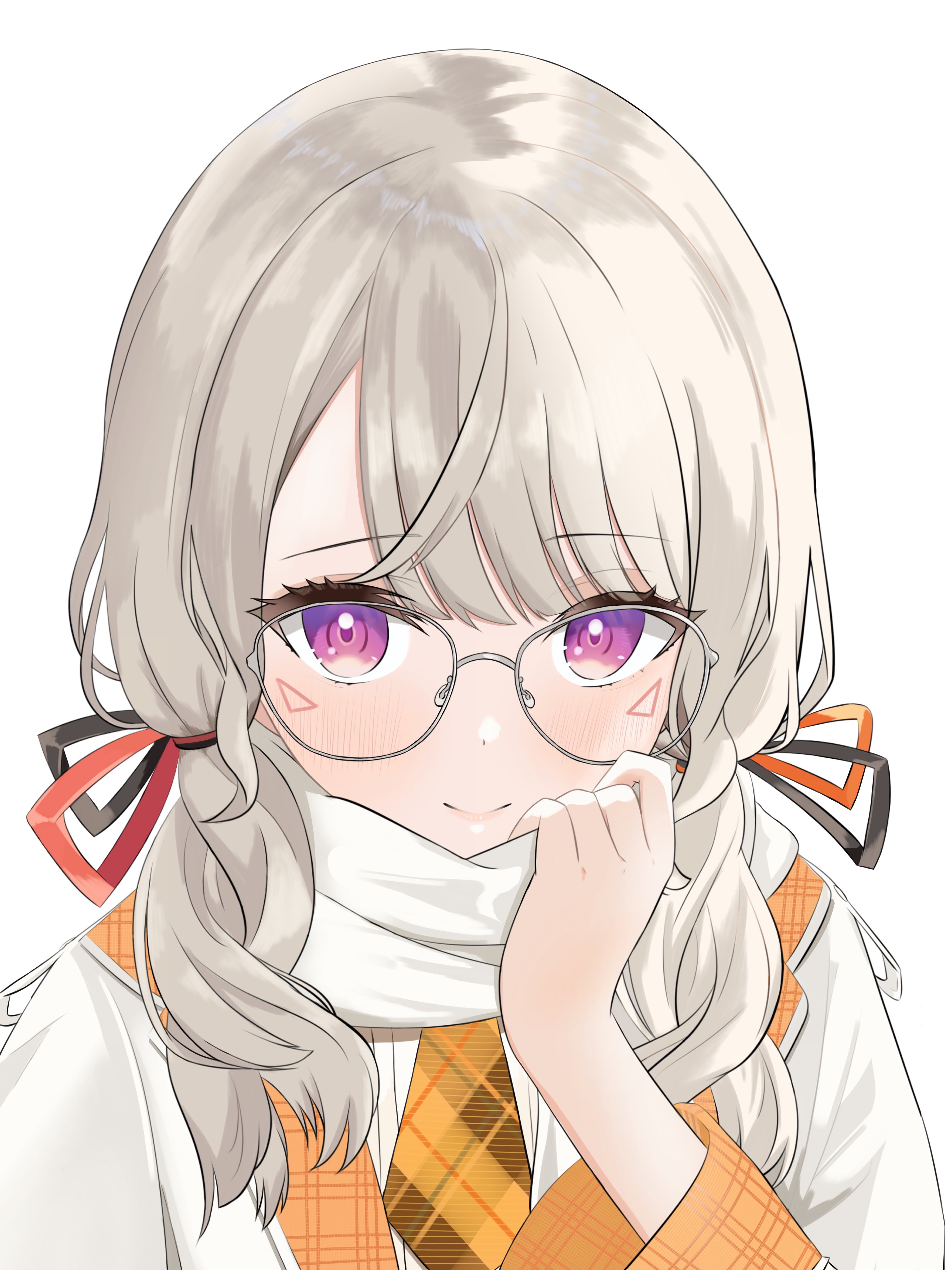 mea mememea, komori met, komori met (6th costume), vspo!, absurdres, highres, 1girl, blazer, facial mark, glasses, grey hair, hair ribbon, jacket, looking at viewer, low twintails, necktie, orange necktie, parted bangs, pink eyes, plaid clothes, plaid necktie, portrait, ribbon, scarf, simple background, solo, twintails, virtual youtuber, white background, white jacket, white scarf