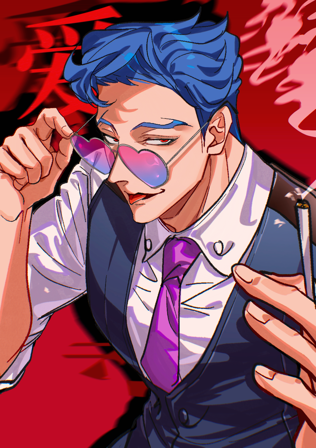 quan4060, adam (sk8), sk8 the infinity, highres, 1boy, blue hair, blue suit, cigarette, formal clothes, heart, heart-shaped eyewear, holding, holding cigarette, necktie, pink necktie, red background, red eyes, shirt, smoke, smoke trail, suit, tinted eyewear, tongue, tongue out, vest, white shirt