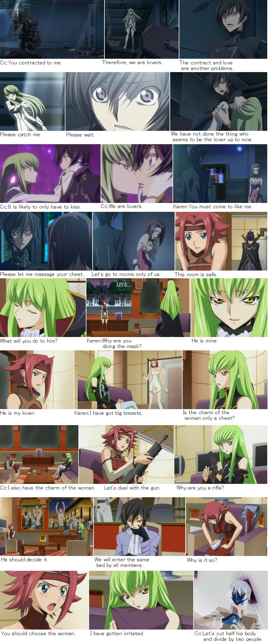 c.c., kouzuki kallen, code geass, anime screenshot, highres, poorly translated, stitched, third-party edit, 00s, comic, english text, engrish text, ranguage, what