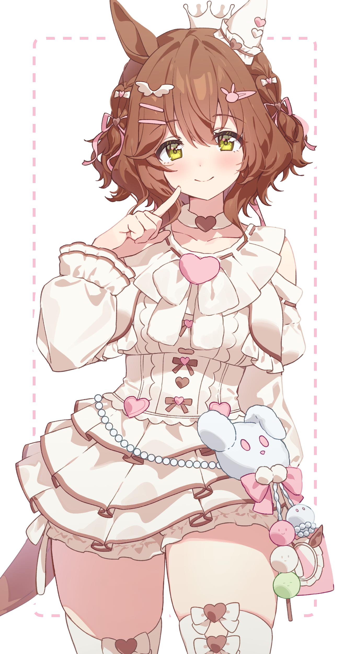 dolldolldd, aston machan (everlasting candy) (umamusume), aston machan (umamusume), umamusume, absurdres, commentary request, highres, 1girl, animal ears, bare shoulders, blush, brooch, brown hair, brown tail, choker, closed mouth, clothing cutout, cowboy shot, crown, dress, ear covers, frilled sleeves, frills, hair ornament, heart, heart brooch, heart choker, heart ornament, horse ears, horse girl, horse tail, index finger raised, jewelry, layered dress, looking at viewer, mini crown, official alternate costume, pointing, pointing at self, short hair, shoulder cutout, simple background, single ear cover, smile, solo, tail, thick thighs, thighhighs, thighs, white background, white dress, white thighhighs, wing hair ornament, yellow eyes