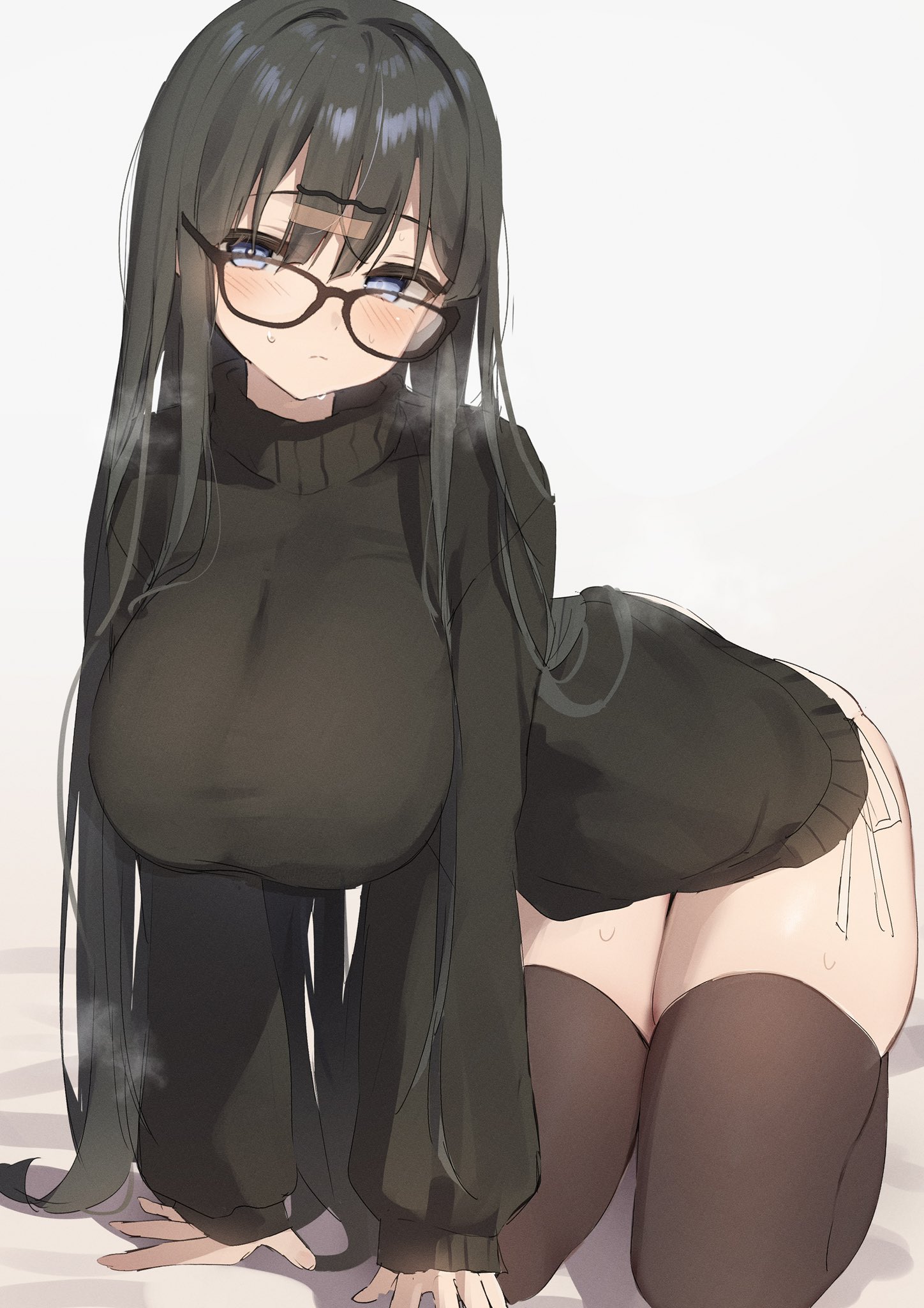 nen 0405, original, highres, 1girl, all fours, black-framed eyewear, black hair, black sweater, blue eyes, blush, breasts, brown thighhighs, cleavage, closed mouth, dress, glasses, large breasts, long hair, long sleeves, looking at viewer, panties, see-through cleavage, see-through clothes, side-tie panties, simple background, skindentation, solo, sweat, sweater, sweater dress, thick thighs, thighhighs, thighs, underwear, very long hair, white background, white panties
