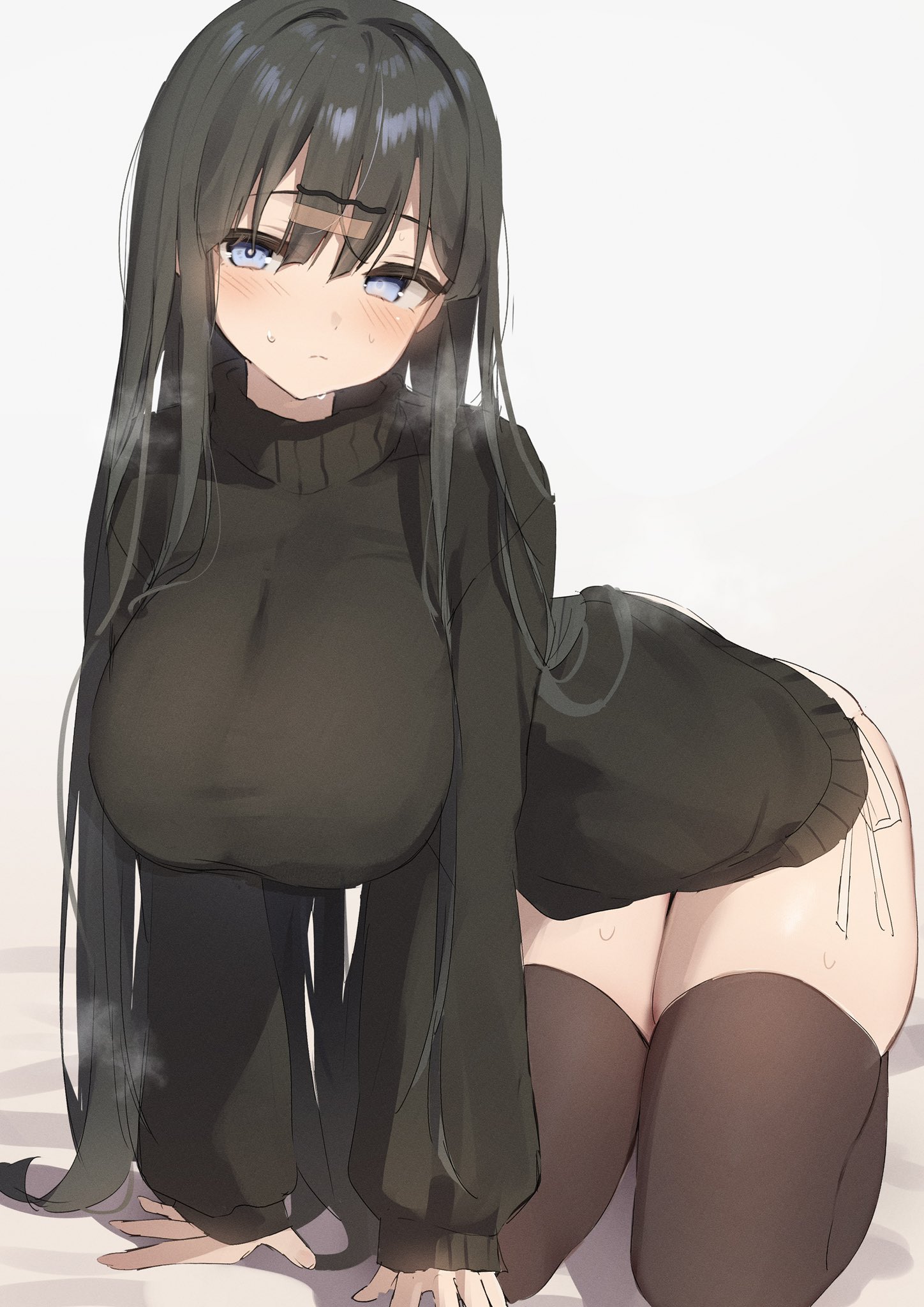nen 0405, original, highres, 1girl, all fours, black hair, black sweater, blue eyes, blush, breasts, brown thighhighs, cleavage, closed mouth, dress, large breasts, long hair, long sleeves, looking at viewer, panties, see-through cleavage, see-through clothes, side-tie panties, simple background, skindentation, solo, sweat, sweater, sweater dress, thick thighs, thighhighs, thighs, underwear, very long hair, white background, white panties