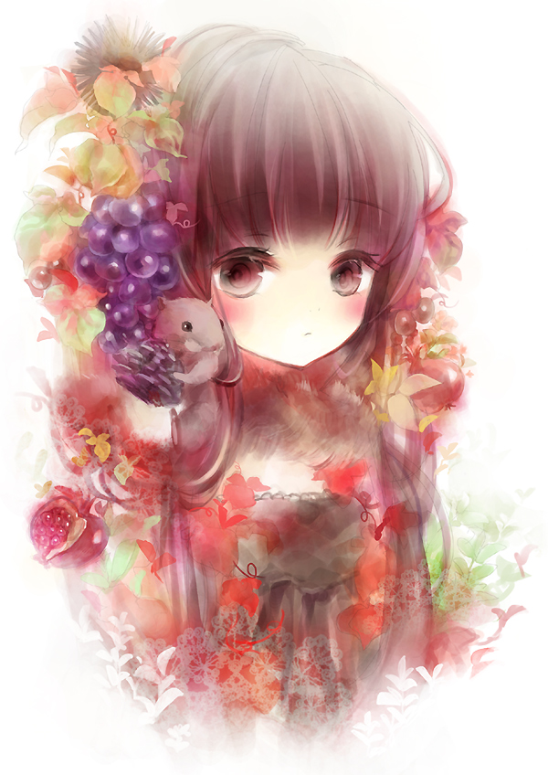 shimeko, original, bad id, bad pixiv id, black hair, blush, brown eyes, food, food-themed clothes, food as clothes, fruit, grapes, pomegranate, shimeshime, solo, squirrel
