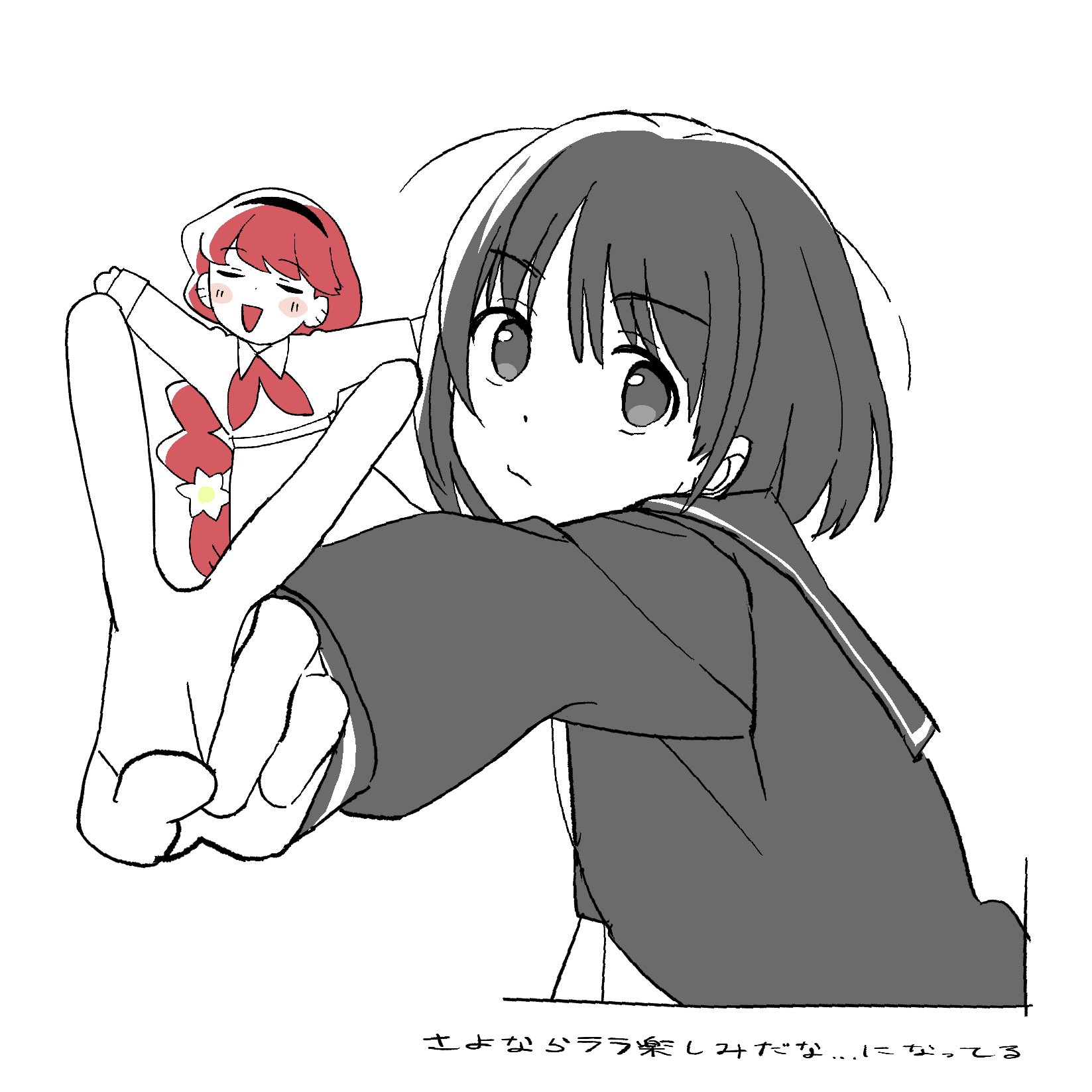 highres, 1girl, black serafuku, blush, closed eyes, doll, hairband, hand puppet, hige (oekakikujira), lala (sayonara lara), long sleeves, monochrome, multiple girls, ootsu mari, open mouth, pointing, puppet, sayonara lara, school uniform, serafuku, short hair, smile