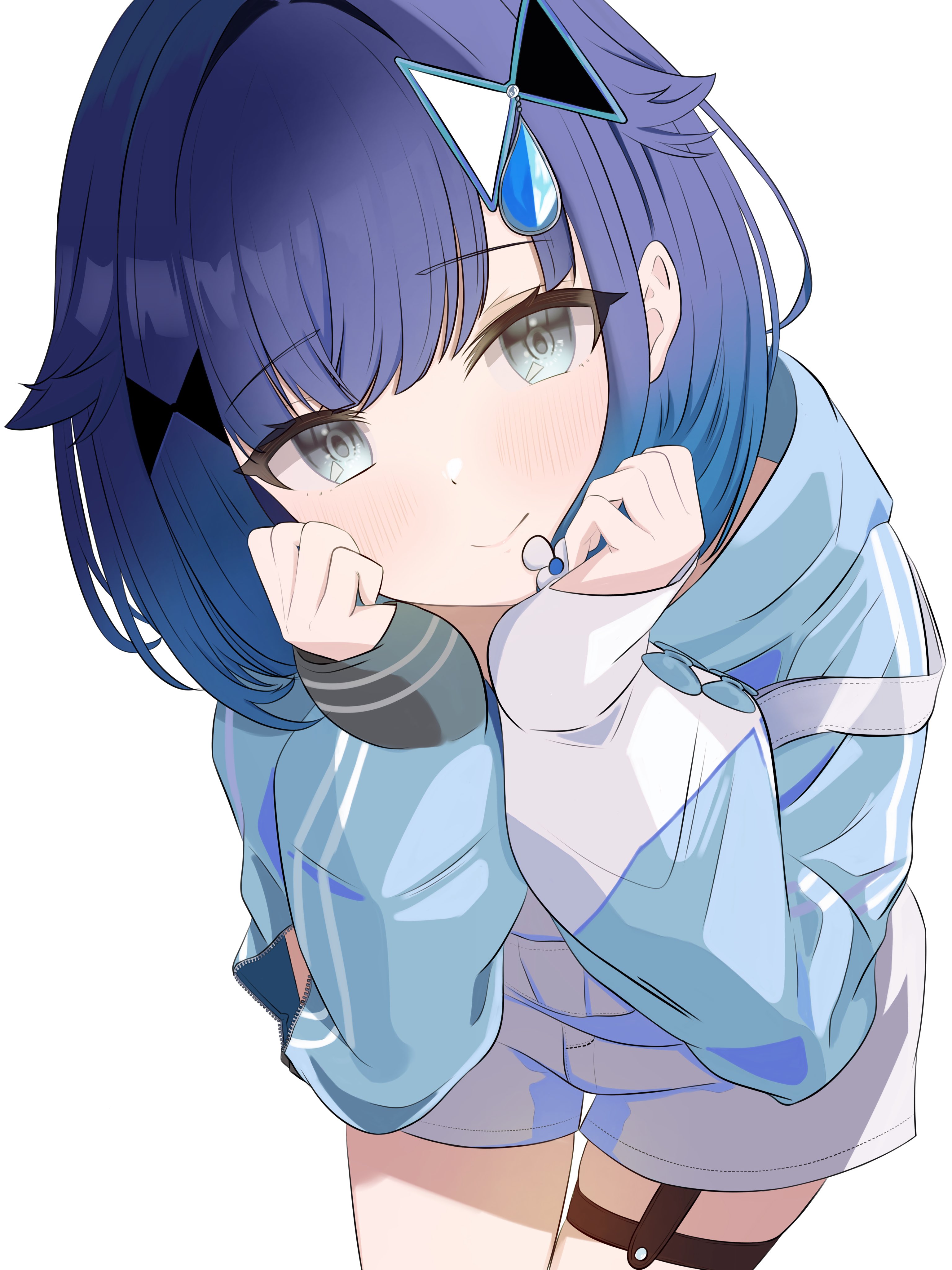 mea mememea, tsumugi kokage, vspo!, absurdres, highres, 1girl, arm cutout, blue hair, blue hoodie, clothing cutout, cowboy shot, gradient hair, grey eyes, hair flaps, hair intakes, hood, hoodie, leaning forward, looking at viewer, medium hair, multicolored hair, overalls, simple background, sleeves past wrists, solo, strap slip, thigh strap, virtual youtuber, water drop hair ornament, white background, white overalls