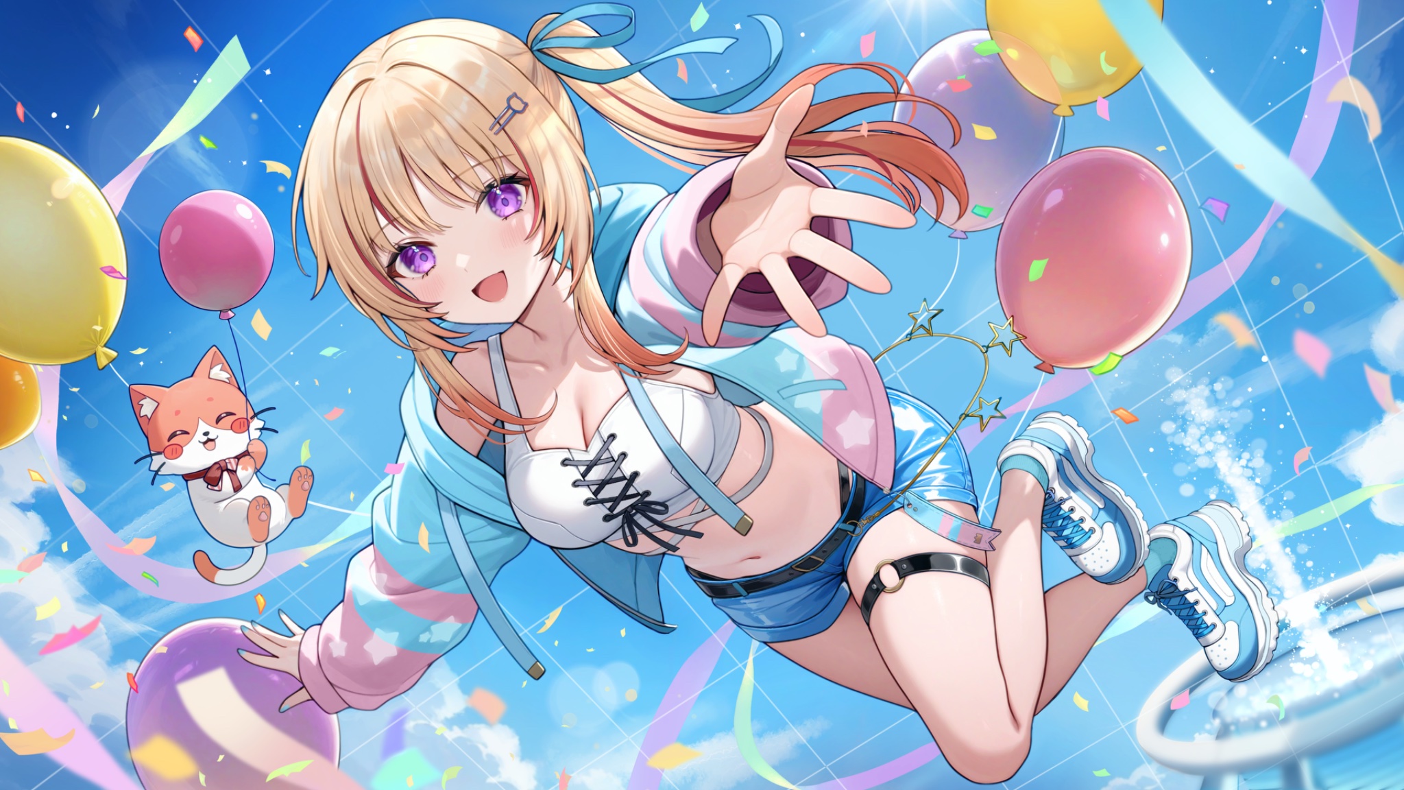 aria (ariacue), first stage production, commentary request, highres, 1girl, balloon, bare shoulders, blonde hair, blue jacket, blue shorts, breasts, cat, cleavage, collarbone, crop top, denim, denim shorts, gradient hair, hinomiya himari, jacket, long hair, long sleeves, looking at viewer, medium breasts, midriff, multicolored hair, multicolored jacket, navel, o-ring, open clothes, open jacket, open mouth, outstretched arm, purple eyes, shirt, shoes, short shorts, shorts, side ponytail, sleeveless, sleeveless shirt, smile, sneakers, solo, stomach, streaked hair, thigh strap, thighs, two-tone jacket, virtual youtuber, white shirt