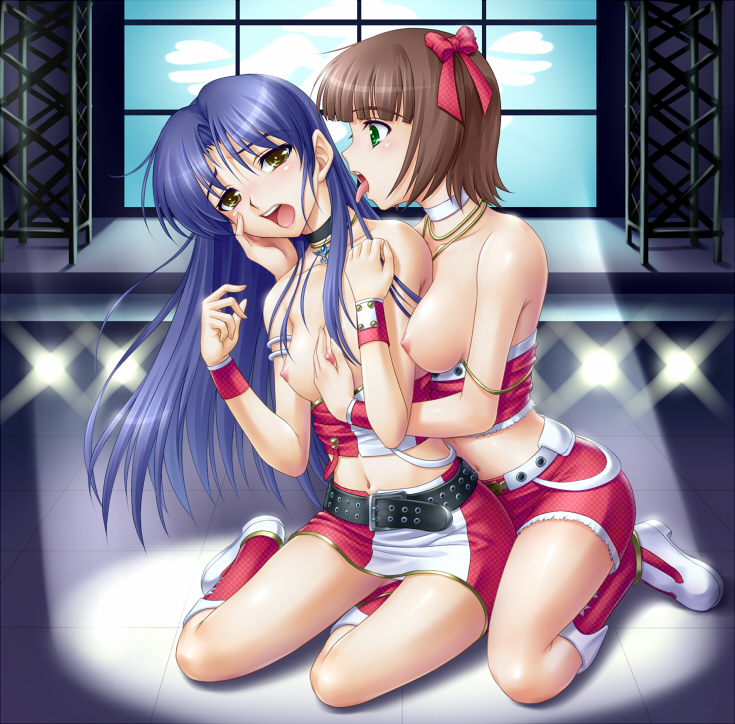 amane (funfun), funfun, amami haruka, kisaragi chihaya, idolmaster, idolmaster (classic), 00s, 2girls, blue hair, bow, breasts, brown eyes, brown hair, choker, cool & sexy (idolmaster), female focus, flat chest, flat chest grab, grabbing another's breast, green eyes, groping, hair bow, hair ribbon, kneeling, long hair, medium breasts, midriff, multiple girls, navel, nipples, public indecency, ribbon, short hair, small breasts, spotlight, stage, tongue, yuri