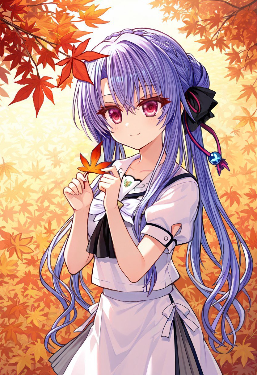 gensou roukaku, sorakado ao, summer pockets, commentary request, highres, 1girl, animal print, ascot, autumn, autumn leaves, black ascot, black bow, blue hair, blush, bow, braid, butterfly print, closed mouth, colored eyelashes, cowboy shot, crown braid, day, eyelashes, eyes visible through hair, hair between eyes, hair bow, hair bun, hair ribbon, hands up, holding, holding leaf, leaf, long hair, maple leaf, outdoors, puffy short sleeves, puffy sleeves, red eyes, red ribbon, ribbon, sailor collar, school uniform, serafuku, shirt, short sleeves, sidelighting, sidelocks, single hair bun, skirt, smile, solo, split mouth, straight hair, summer pockets school uniform, very long hair, white sailor collar, white serafuku, white shirt, white skirt