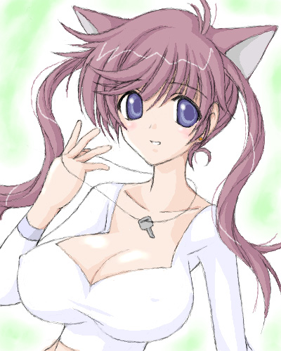 miyata gakuman, hawatari yuiko, loveless, lowres, 00s, 1girl, animal ears, blue eyes, breasts, cleavage, female focus, huge breasts, jewelry, key, key necklace, long hair, looking at viewer, necklace, parted lips, purple hair, smile, solo, upper body