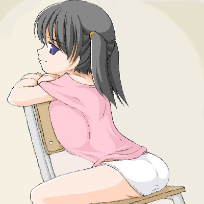 miyata gakuman, lowres, 1girl, ass, black hair, blue eyes, breast press, breasts, chair, closed mouth, female focus, flat ass, huge breasts, large breasts, looking at viewer, looking back, no bra, oekaki, oppai loli, panties, profile, short hair, short twintails, skinny, smile, solo, twintails, underwear