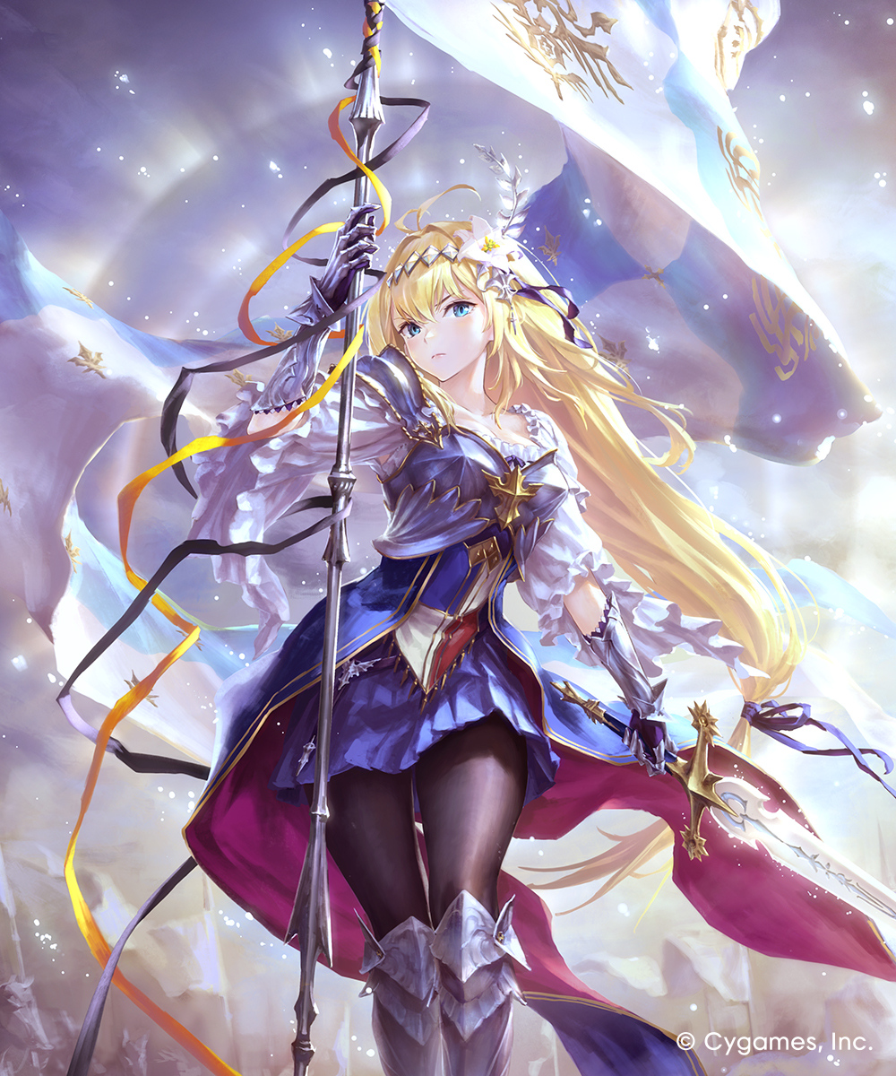 hisakata souji, jeanne d'arc (granblue fantasy), shadowverse, shadowverse: worlds beyond, highres, official art, 1girl, ahoge, armor, banner, black pantyhose, blonde hair, breastplate, dress, feet out of frame, flag, flower, gauntlets, hair between eyes, hair flower, hair intakes, hair ornament, hairband, holding, holding banner, holding sword, holding weapon, long hair, low-tied long hair, pantyhose, pleated skirt, purple skirt, shoulder armor, skirt, solo, sword, vambraces, weapon, wide sleeves