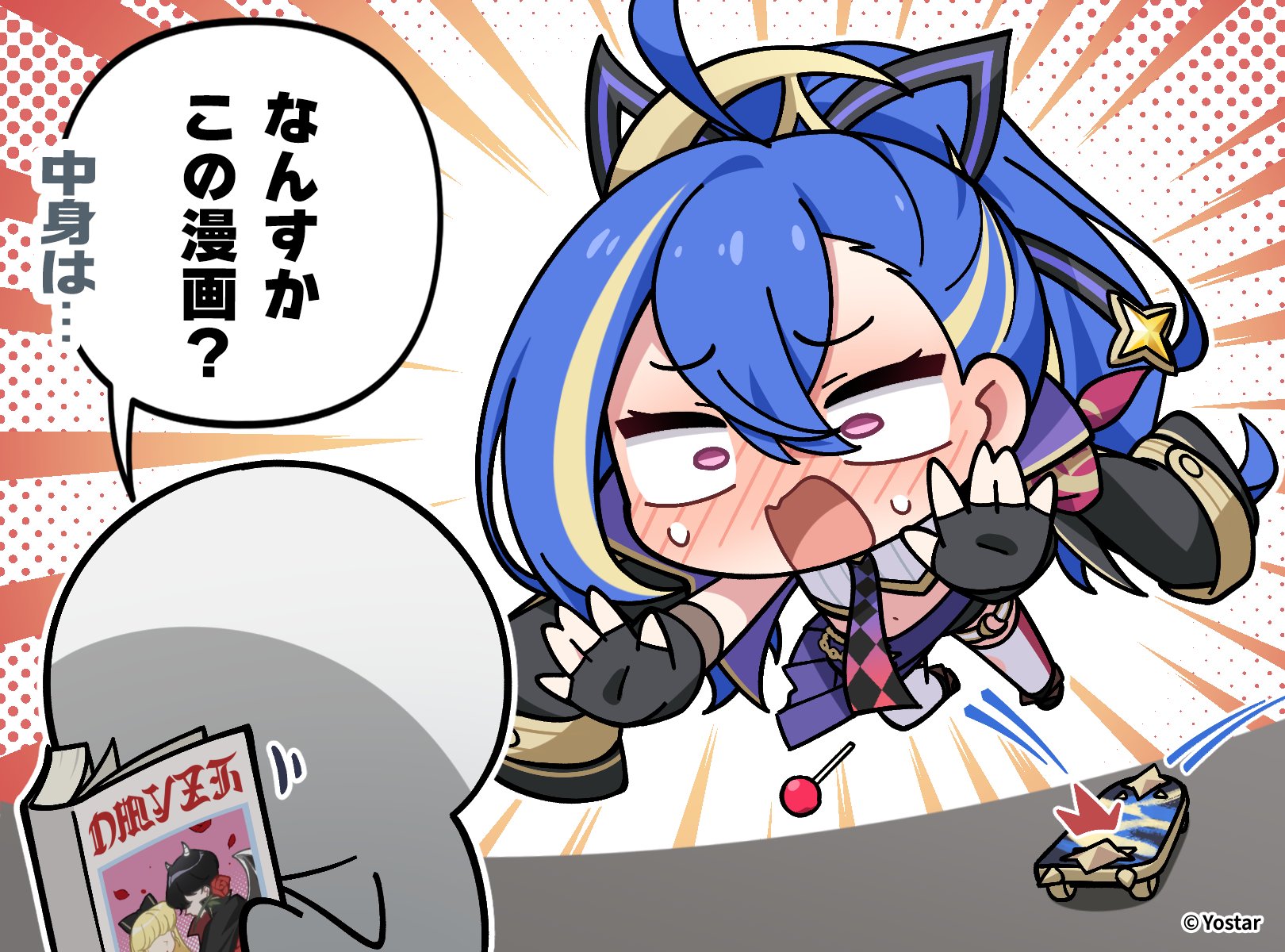 minova (stella sora), chupa chups, stella sora, commentary request, highres, official art, translation request, 1girl, 1other, ahoge, black gloves, black jacket, black shorts, blonde hair, blue hair, blush, candy, chibi, chibi only, crop top, embarrassed, emphasis lines, fingerless gloves, food, gloves, hair between eyes, half-skirt, halftone, halftone background, high ponytail, jacket, jacket on shoulders, jumping, lollipop, long hair, lunging, manga (object), motion lines, navel, nervous sweating, nose blush, open mouth, pink eyes, ponytail, purple skirt, reading, red thighhighs, short shorts, shorts, skateboard, skirt, speech bubble, sweat, thighhighs, very long hair