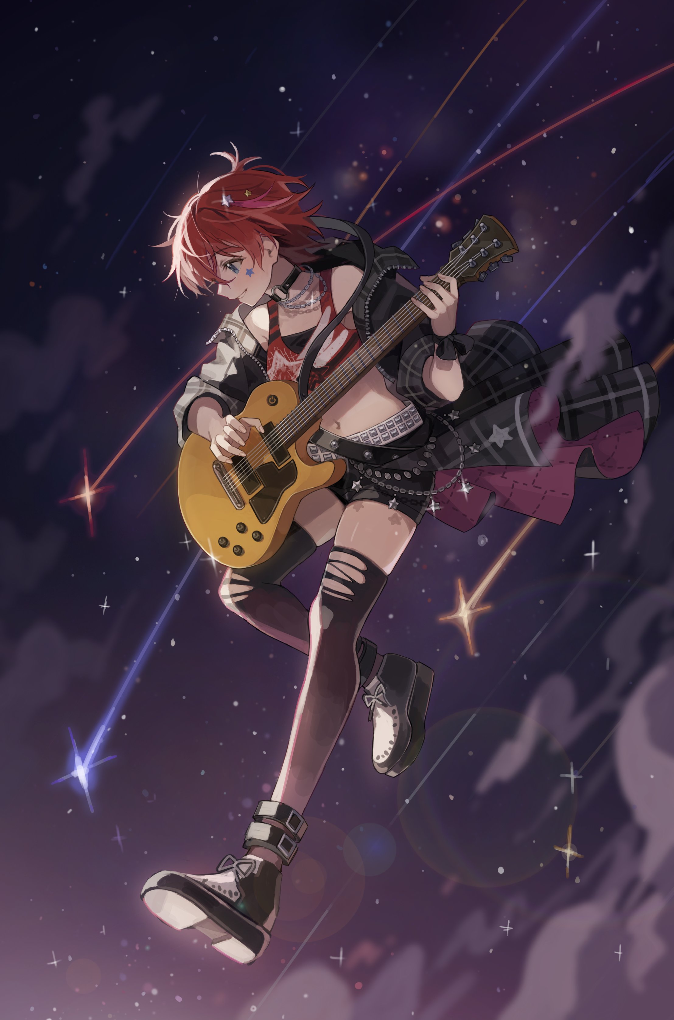 hano9789, julia (idolmaster), idolmaster, idolmaster million live!, idolmaster million live! theater days, absurdres, highres, 1girl, belt, black belt, black boots, black choker, black jacket, black shoes, black thighhighs, blue eyes, boots, chain, chain necklace, choker, electric guitar, facial mark, fingernails, full body, guitar, hair ornament, holding, holding guitar, holding instrument, instrument, jacket, jewelry, julia (meteor bright star) (idolmaster), midriff, navel, necklace, o-ring, o-ring choker, official alternate costume, overskirt, print tank top, red hair, red tank top, shoes, shooting star, short hair, solo, space, star (symbol), star facial mark, star hair ornament, tank top, thighhighs, torn clothes, torn thighhighs