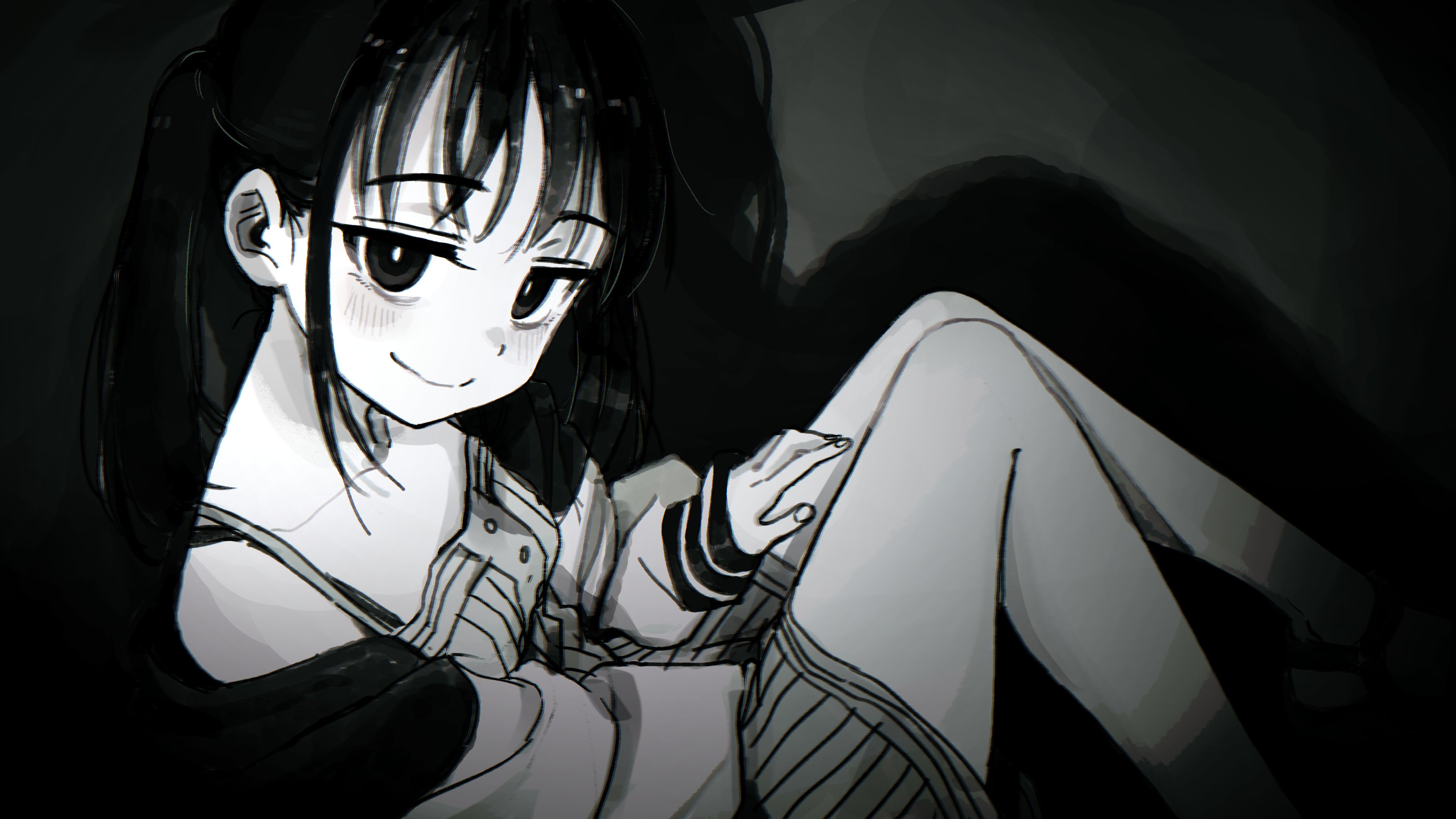 danny cho, original, absurdres, highres, 1girl, blush, greyscale, long hair, long sleeves, monochrome, off shoulder, school uniform, serafuku, sitting, smile, solo, twintails
