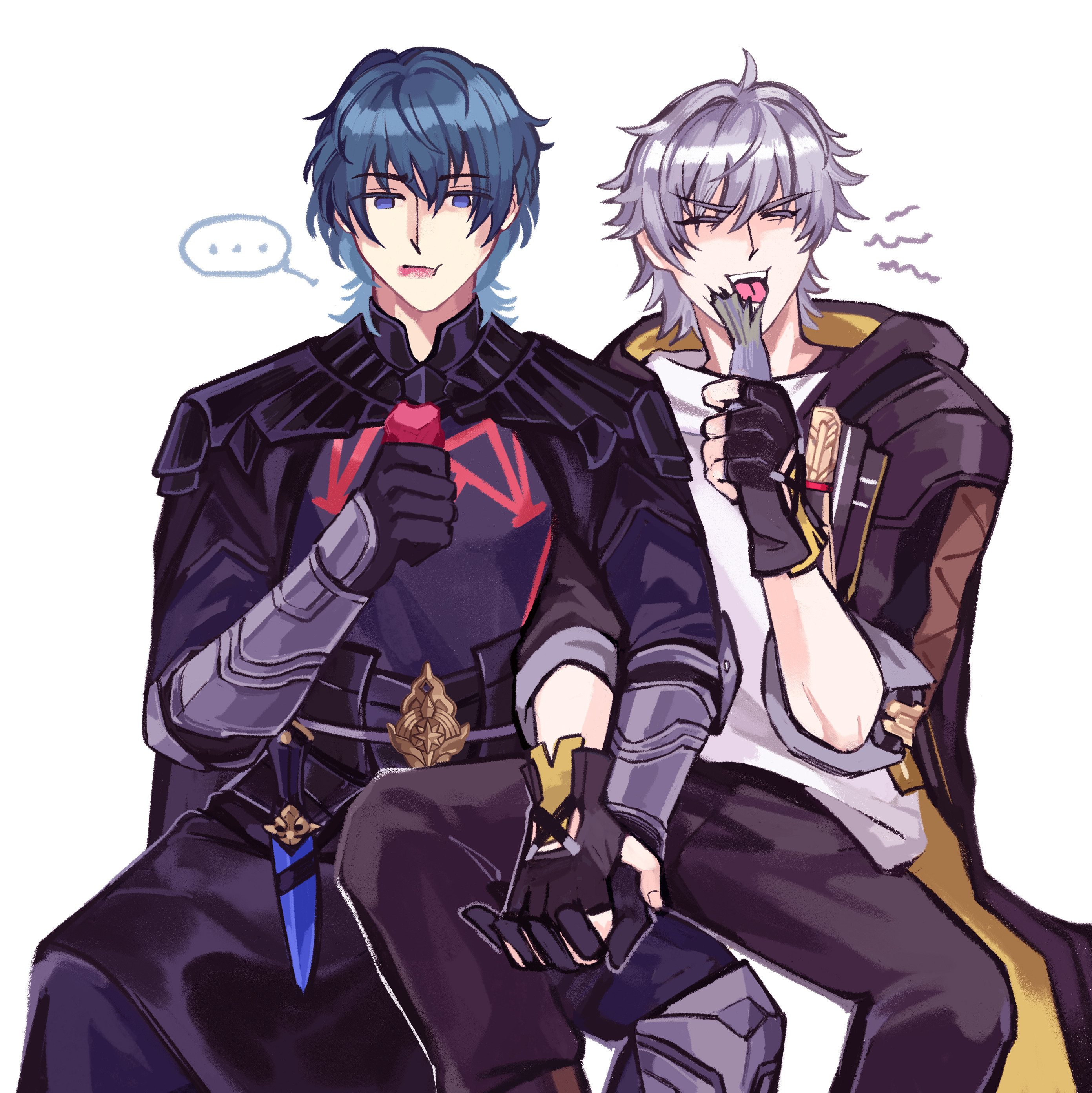soursoppi, caelus (honkai: star rail), male byleth (fire emblem), trailblazer (honkai: star rail), fire emblem, fire emblem: three houses, honkai: star rail, honkai (series), nintendo, absurdres, commentary, english commentary, highres, …, 2boys, animal, armor, armored boots, black armor, black cape, black coat, black gloves, black pants, blue eyes, blue hair, boots, cape, closed eyes, coat, crossover, dagger, eating, fingerless gloves, fish, food, fruit, gloves, grey hair, hair between eyes, hand up, holding, holding animal, holding fish, holding food, holding fruit, holding hands, hood, hooded coat, interlocked fingers, knee boots, knife, male focus, multiple boys, open clothes, open coat, pants, shirt, short hair, simple background, sitting, sleeves rolled up, spoken ellipsis, teeth, tongue, upper teeth only, weapon, white background, white shirt