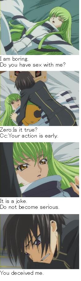 c.c., lelouch vi britannia, code geass, anime screenshot, long image, poorly translated, stitched, tall image, third-party edit, 00s, 1boy, 1girl, comic, english text, engrish text, indoors, ranguage, serious