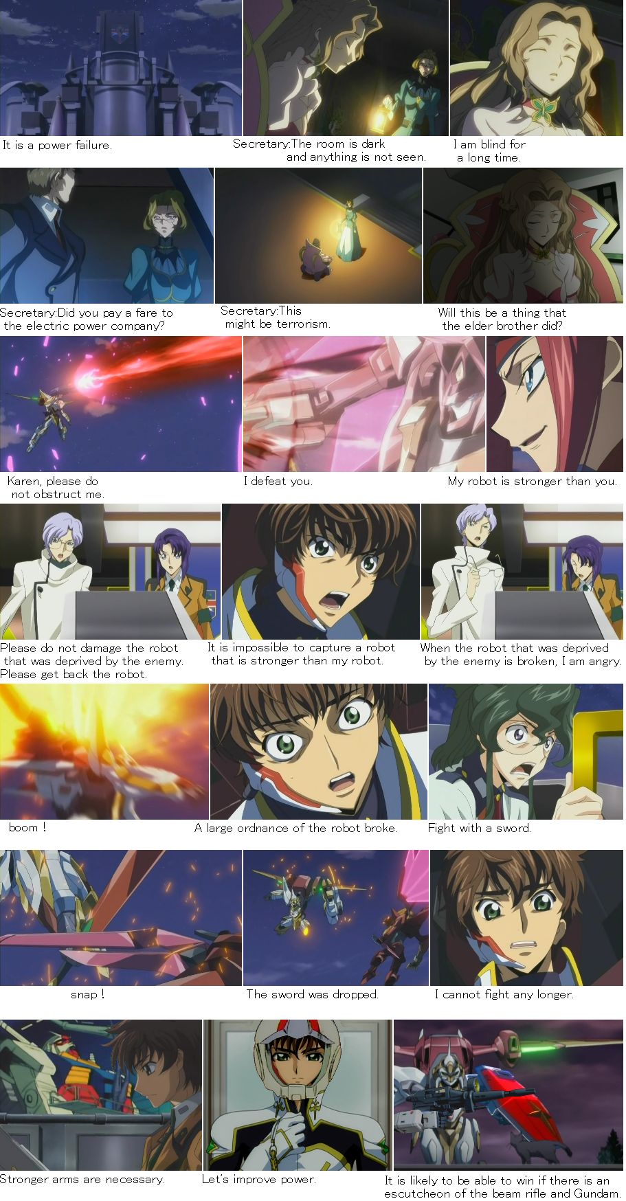 alicia lohmeyer, arthur (code geass), cecile croomy, kouzuki kallen, kururugi suzaku, lloyd asplund, nina einstein, nunnally vi britannia, code geass, gundam, anime screenshot, highres, stitched, third-party edit, 3boys, 5girls, comic, crossover, english text, engrish text, glasses, gun, helmet, holding, holding removed eyewear, mecha, multiple boys, multiple girls, open mouth, parody, ranguage, robot, unworn eyewear, weapon, what