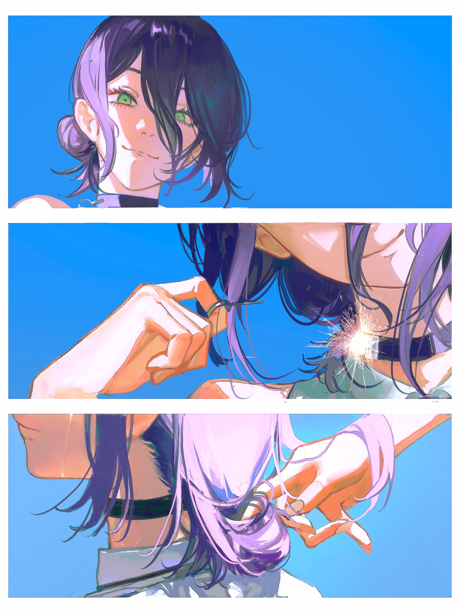 john kafka, reze (chainsaw man), chainsaw man, commentary, english commentary, highres, 2girls, black choker, blue background, choker, closed mouth, green eyes, grenade pin, hair between eyes, hand in another's hair, long hair between eyes, multiple girls, purple hair, shirt, short hair, white shirt