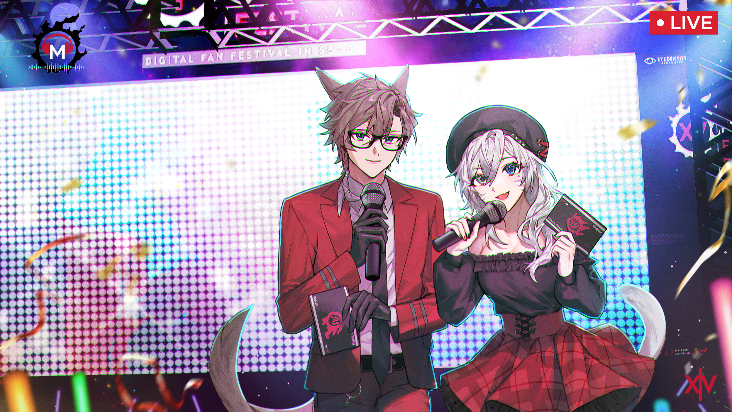 bamcream, final fantasy, final fantasy xiv, commentary, commission, english commentary, highres, 1boy, 1girl, :d, animal ears, black-framed eyewear, black hat, black necktie, blue eyes, breasts, brown hair, brown shirt, cleavage, closed mouth, collared shirt, confetti, cowboy shot, glasses, hat, holding, holding microphone, jacket, long hair, long sleeves, looking at viewer, microphone, miqo'te, necktie, off-shoulder shirt, off shoulder, open clothes, open jacket, open mouth, pants, plaid clothes, plaid skirt, red jacket, red pants, red skirt, shirt, short hair, skirt, smile, stage, tail, white hair, white shirt